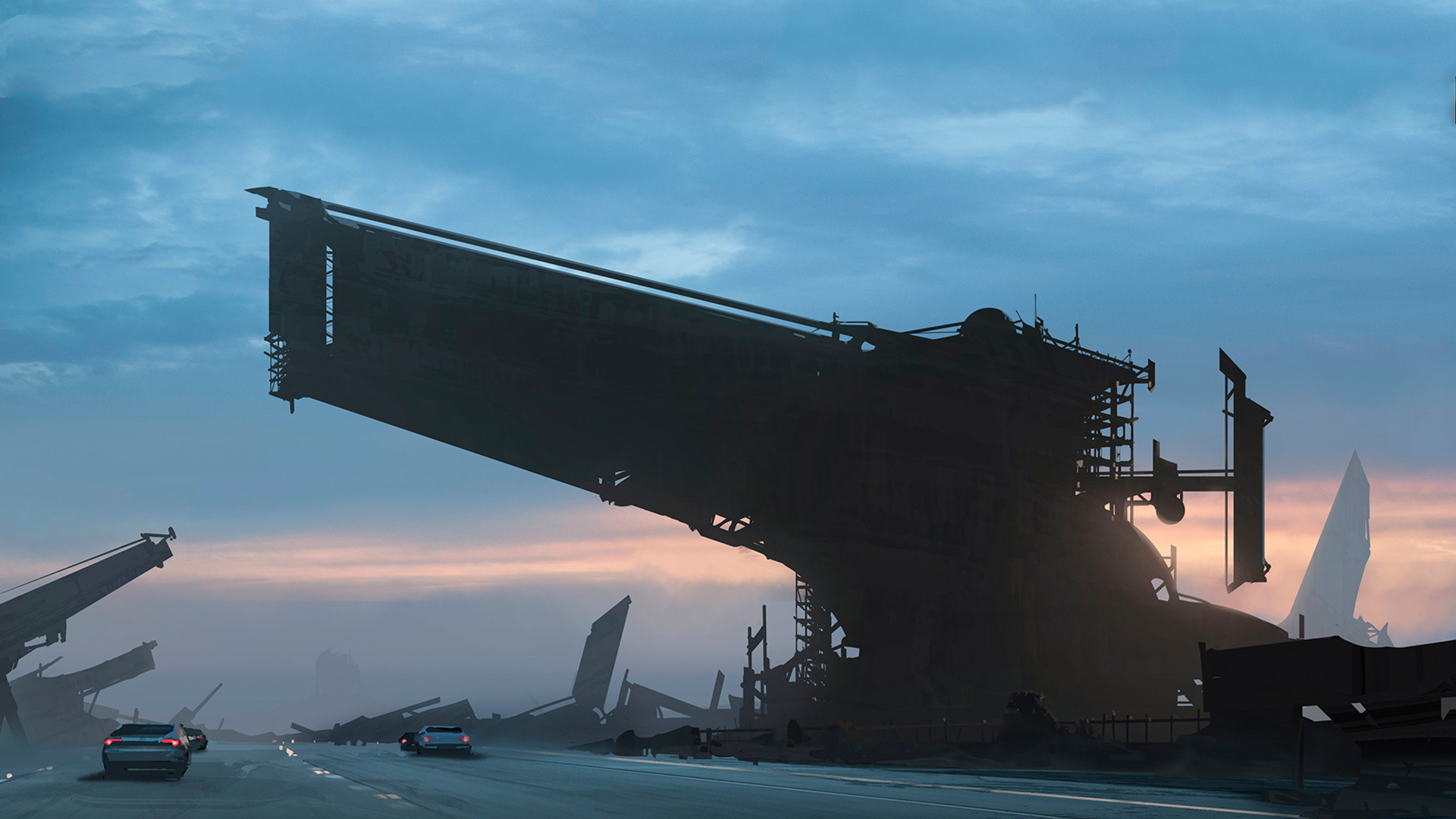 Post-apocalyptic landscape with cars on a road HD Wallpaper