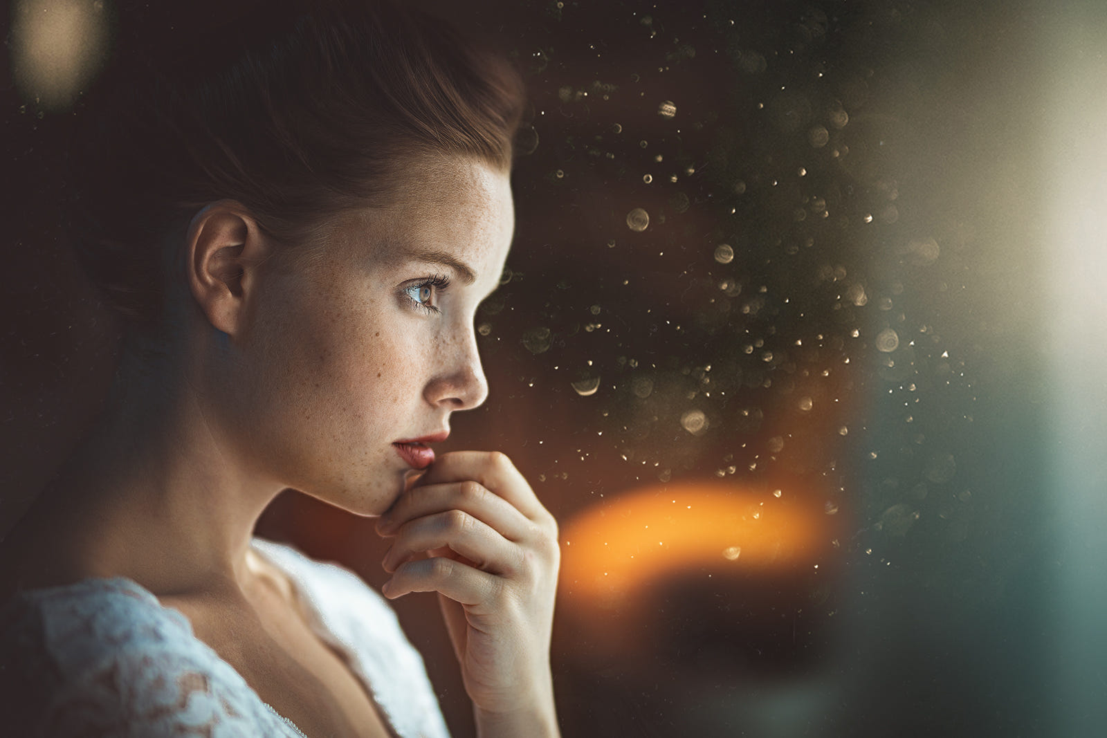 Woman with freckles in profile with bokeh background HD Wallpaper