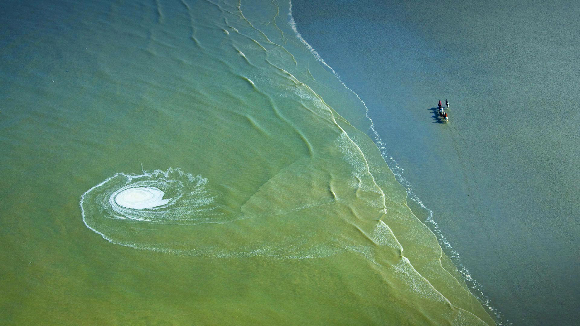 Aerial view of a swirling vortex in the sea near a beach with people on horseback HD Wallpaper