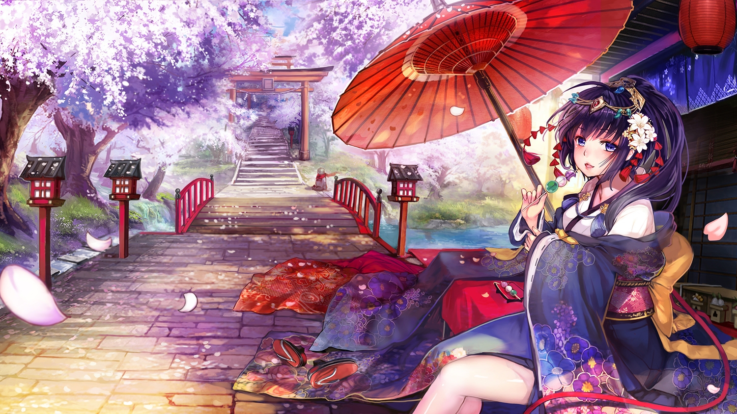 Anime girl in kimono with umbrella near bridge HD Wallpaper