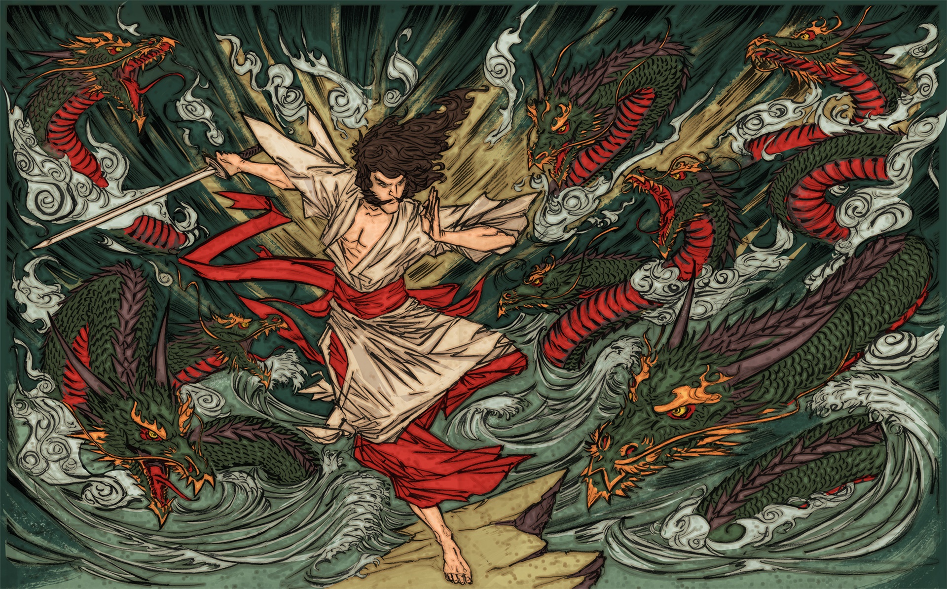 Man fighting multiple dragons in water HD Wallpaper