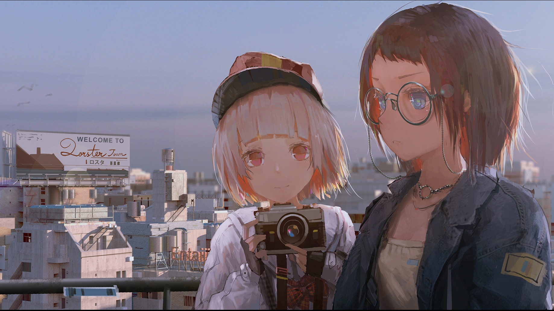 Two girls with a camera in a city HD Wallpaper