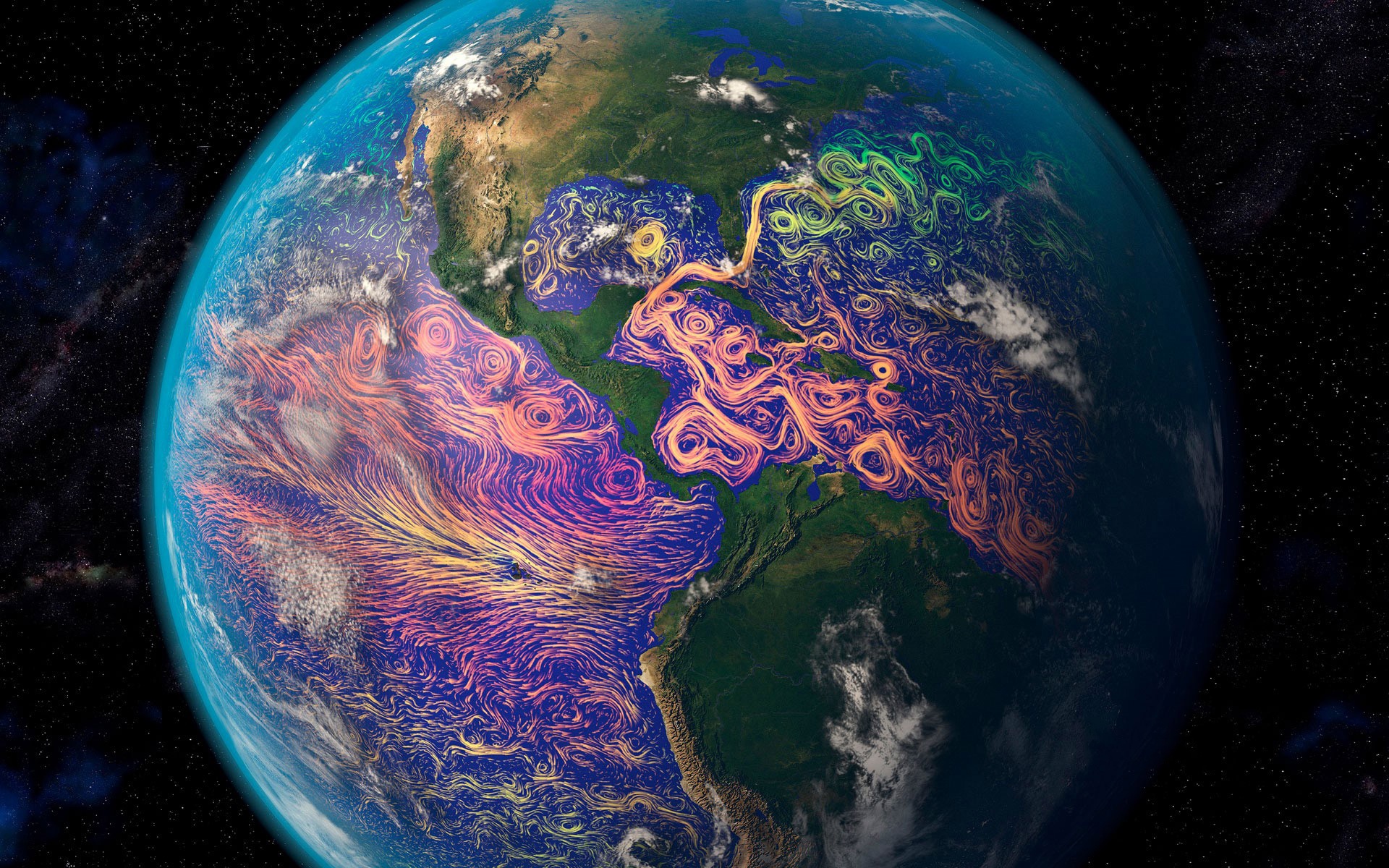 Digital art of Earth's ocean currents in space HD Wallpaper
