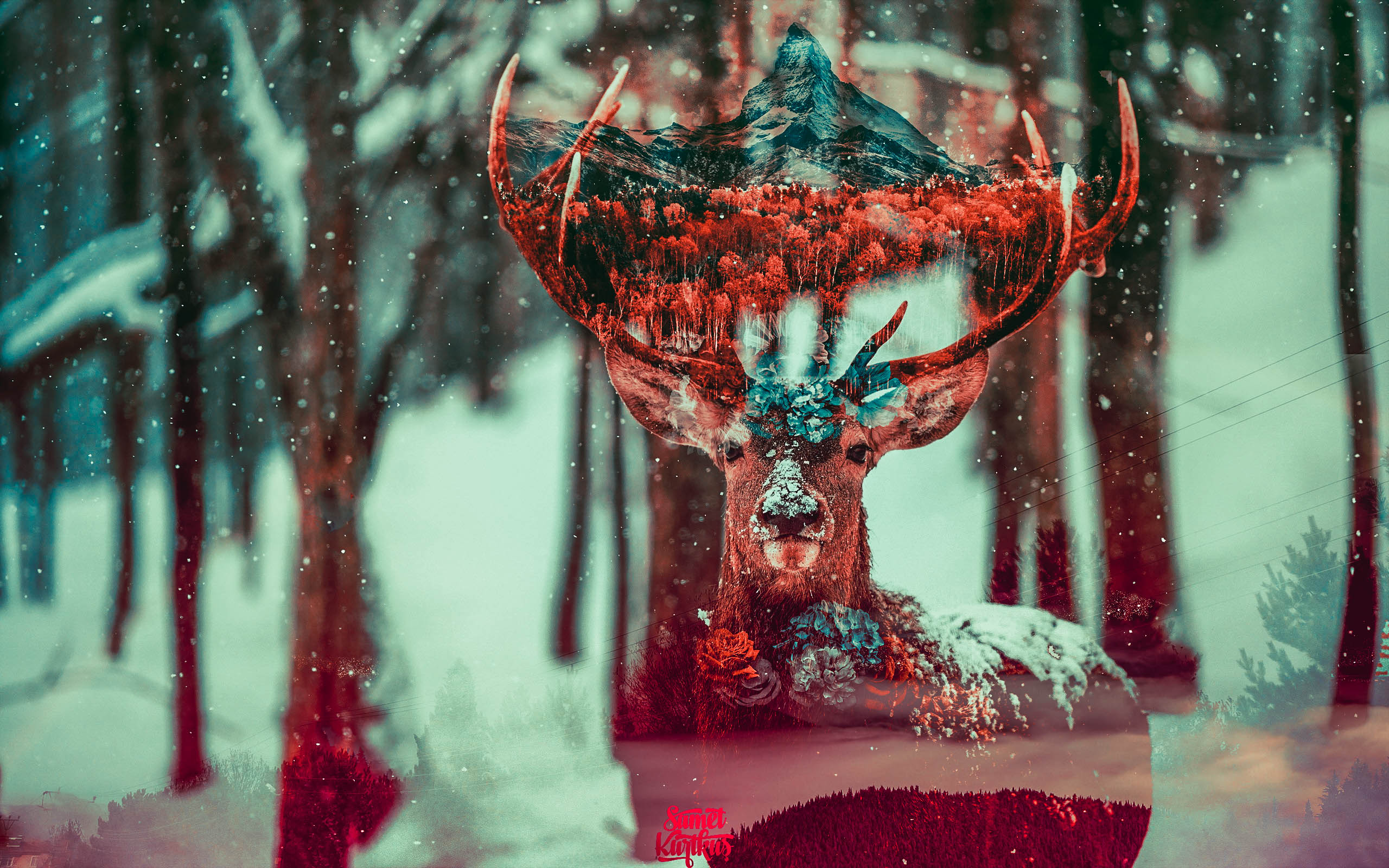 Double exposure of a deer with mountains and forest HD Wallpaper