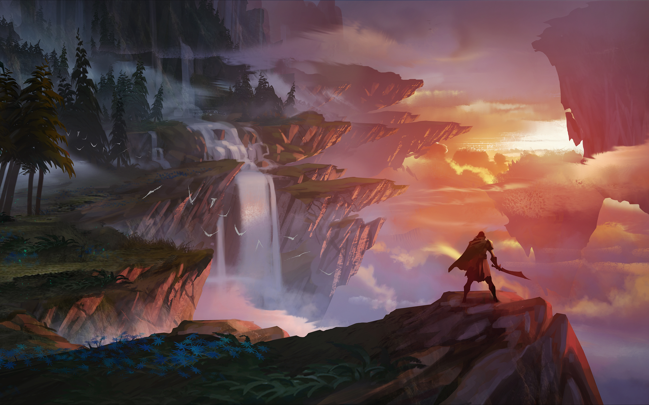 Dauntless video game landscape with floating islands and waterfalls HD Wallpaper