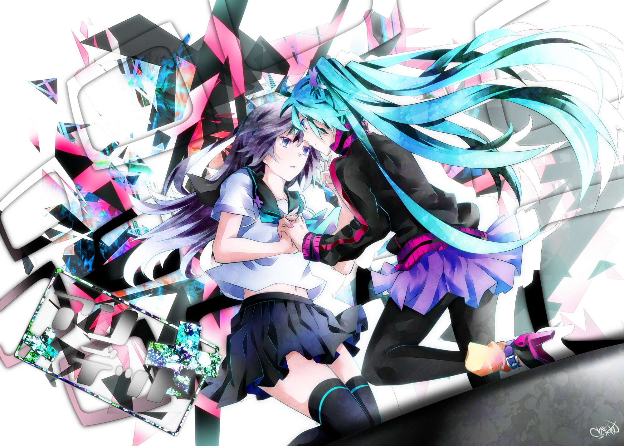 Hatsune Miku and another girl with abstract background HD Wallpaper