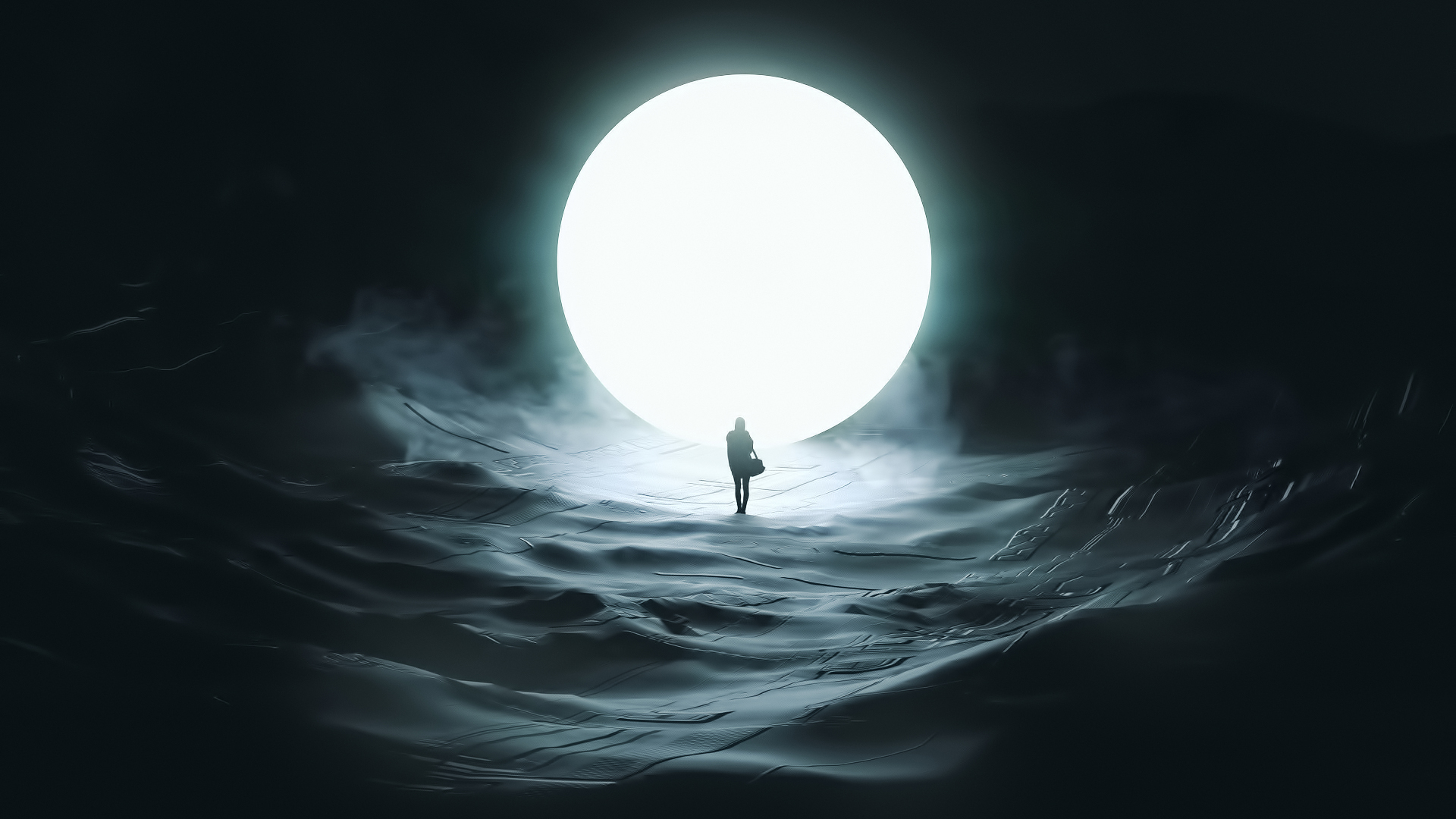 Silhouette of a person in front of a glowing portal HD Wallpaper