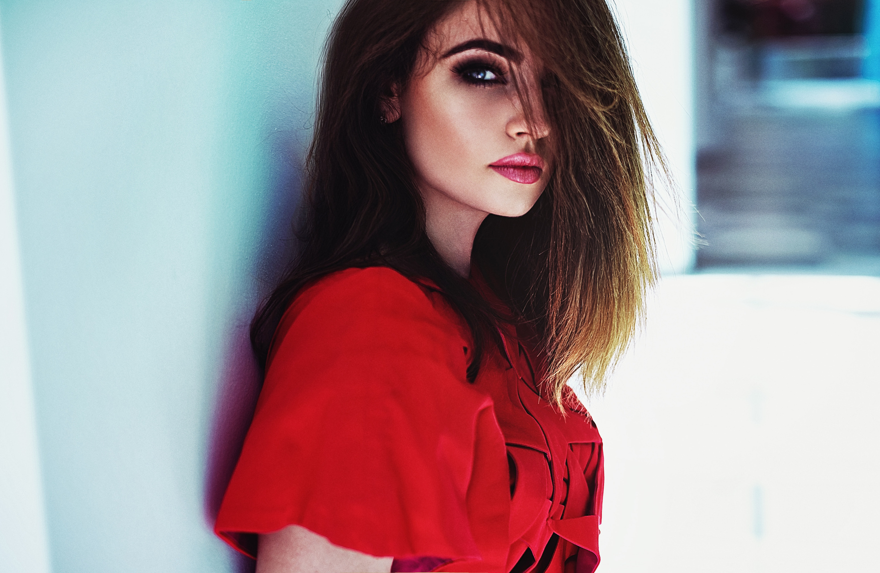 Woman in red dress with hair covering face HD Wallpaper