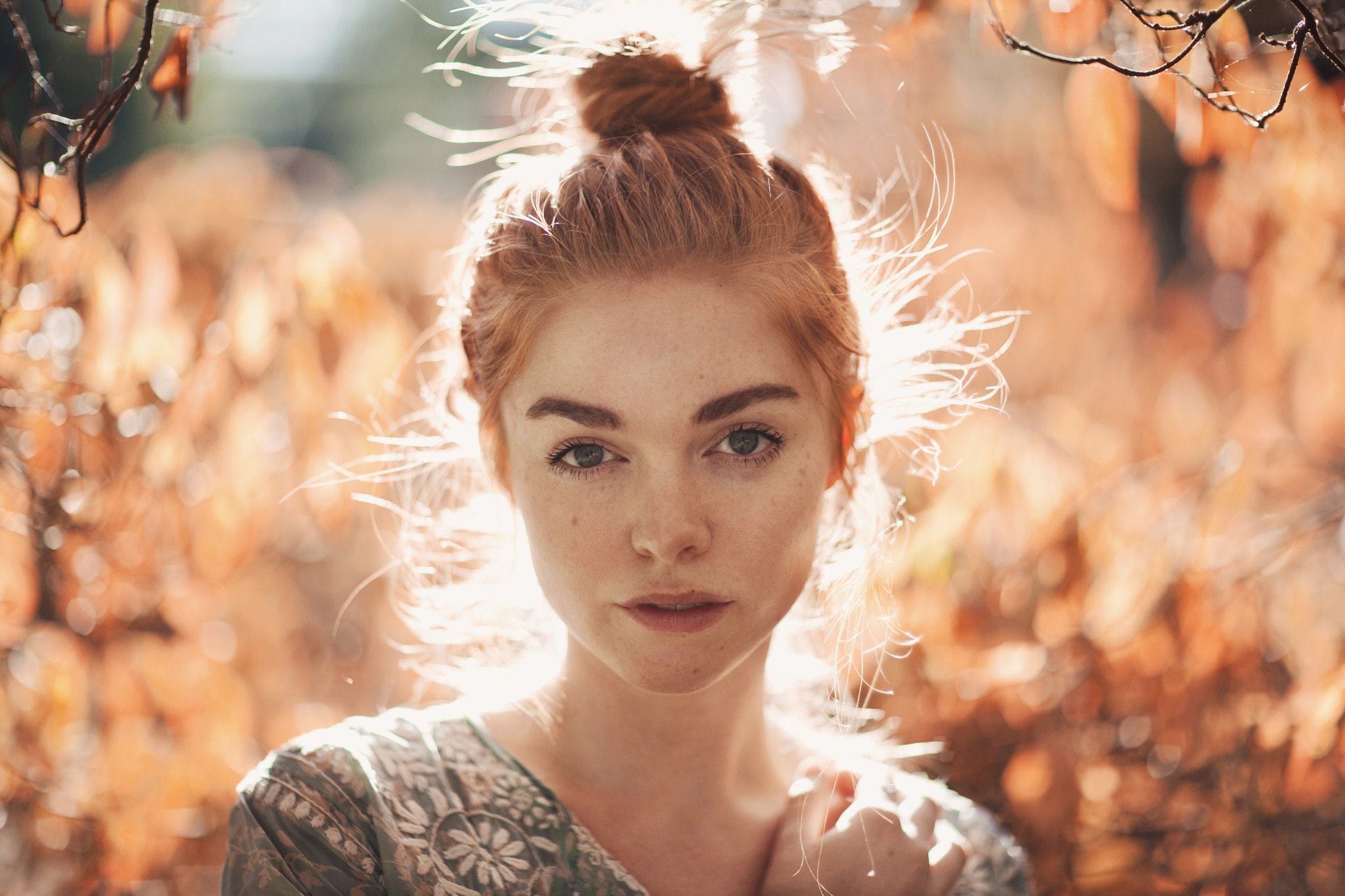 Ruby James portrait with freckles and blue eyes HD Wallpaper