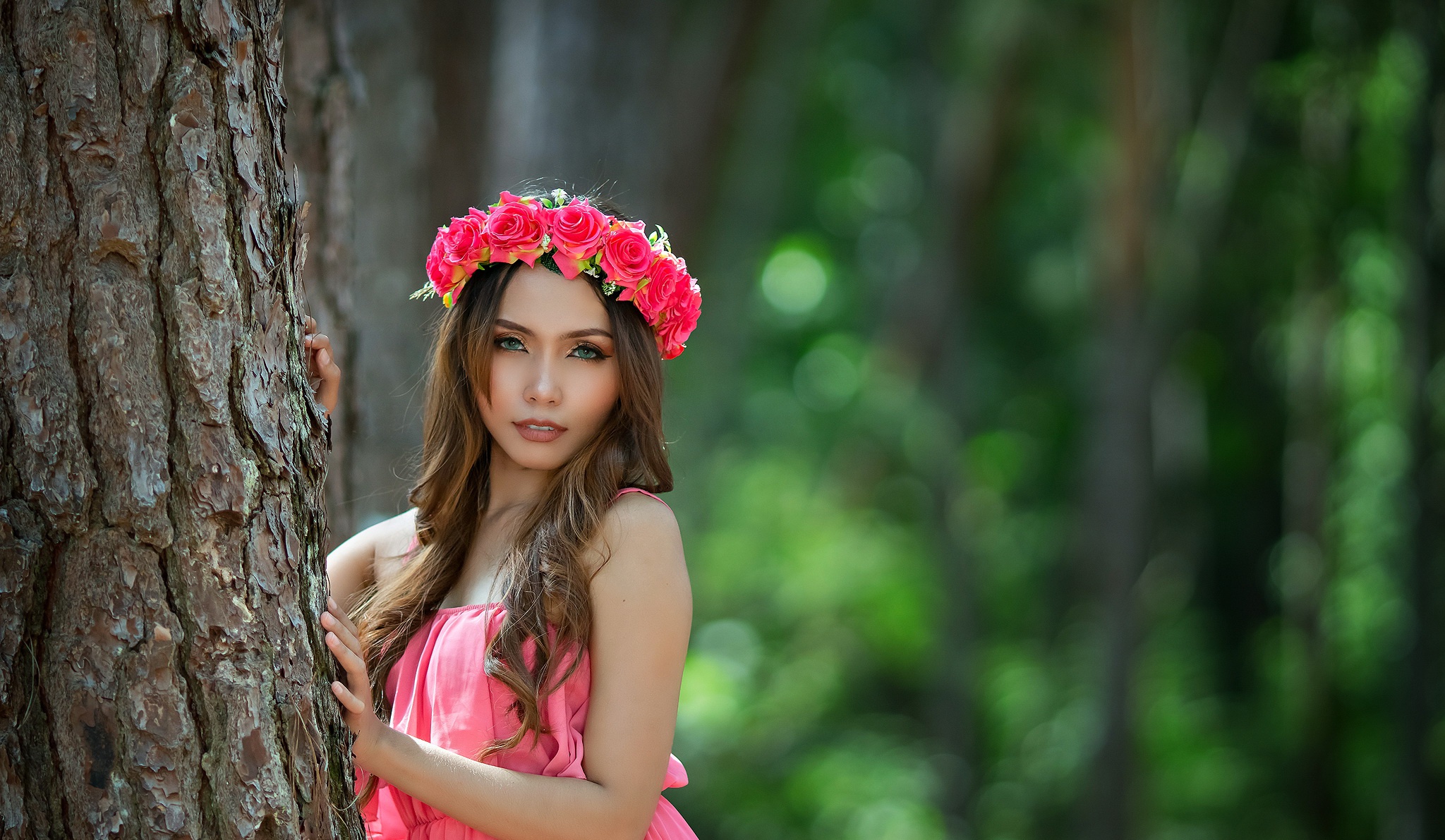 Woman with flower crown in a forest HD Wallpaper