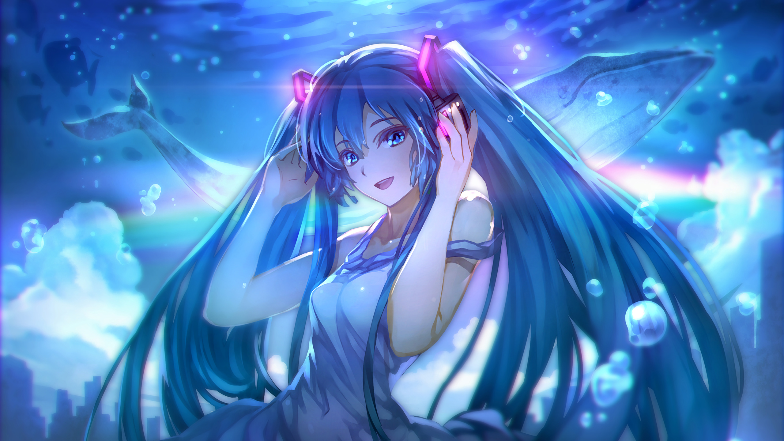 Hatsune Miku underwater with a whale HD Wallpaper