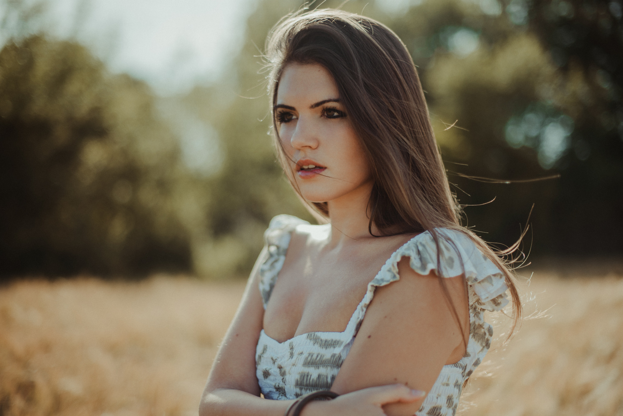 Woman with long brown hair in a field HD Wallpaper