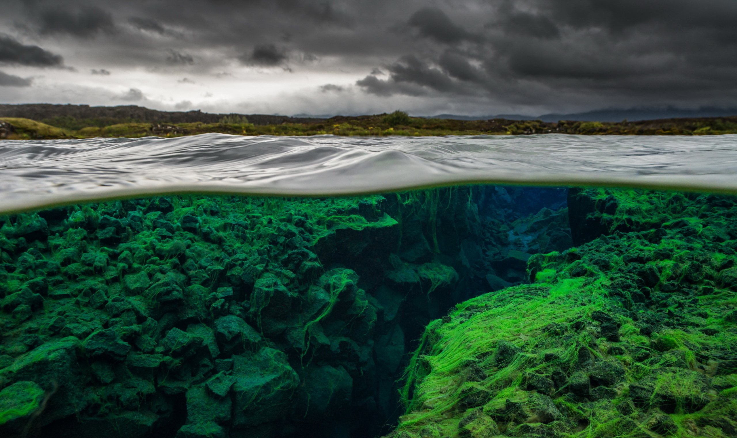 Underwater rock formations with green algae and stormy sky HD Wallpaper