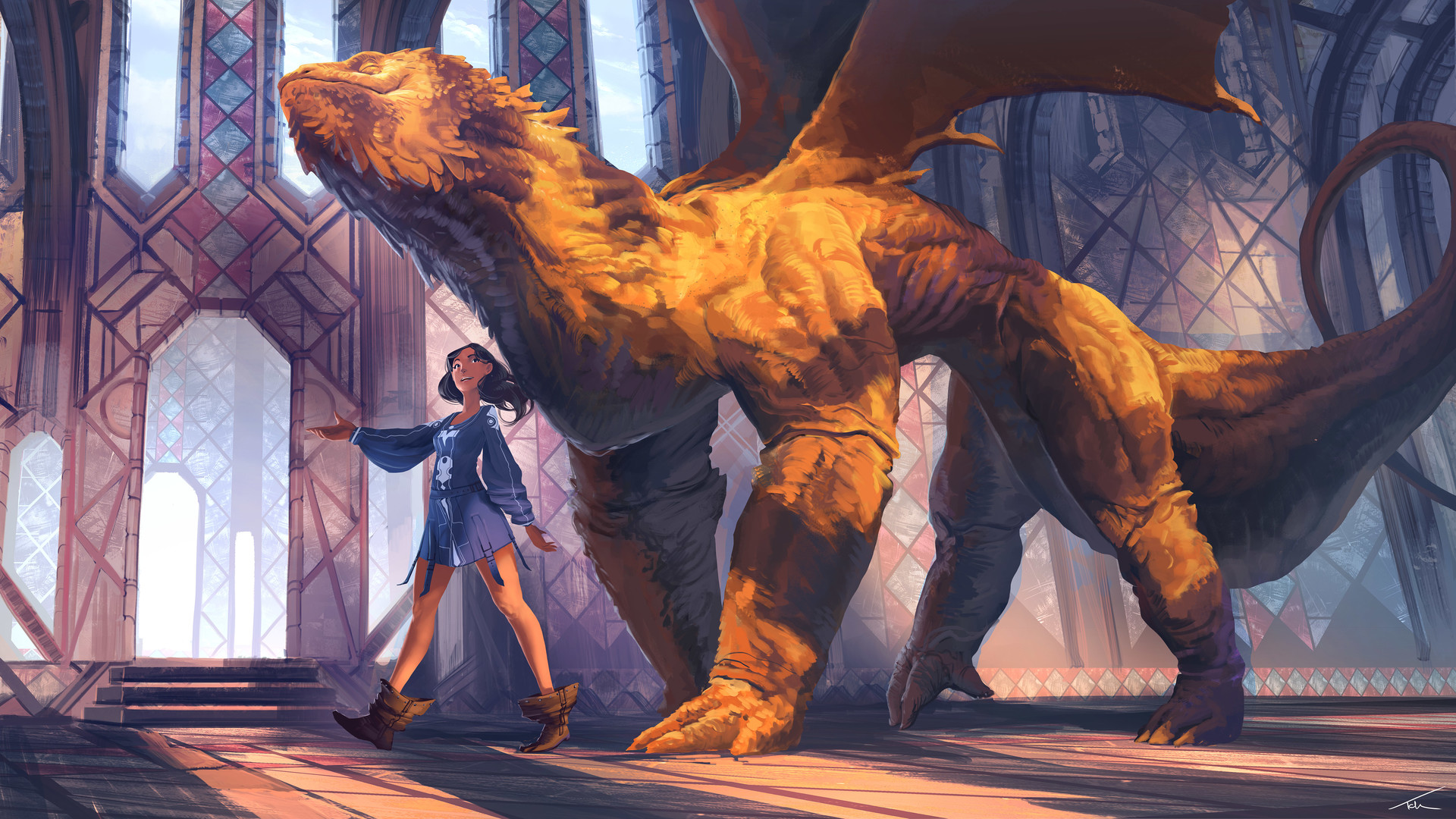 Dragon and girl in a grand hall HD Wallpaper