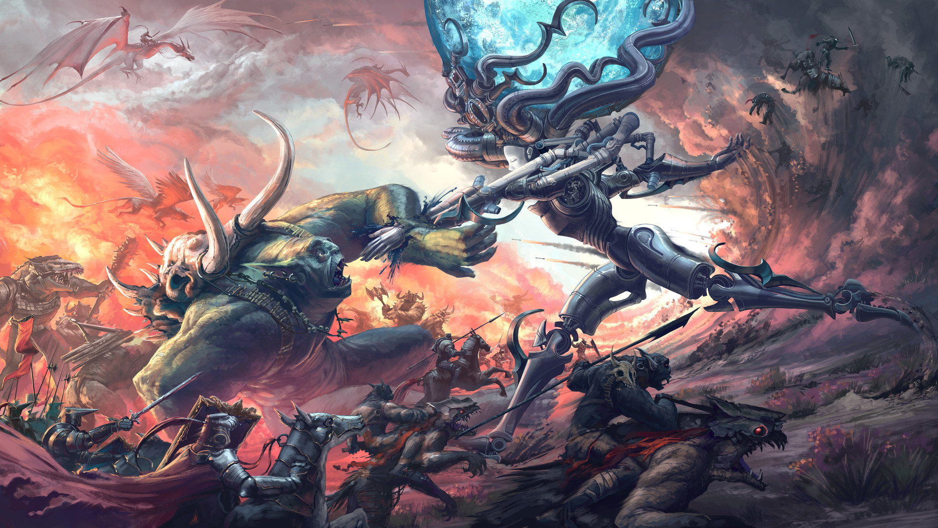 Fantasy battle with a minotaur and a cyborg warrior HD Wallpaper