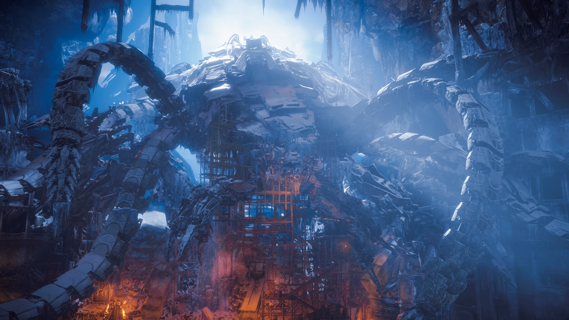 Massive mechanical spider-like machine in a cave HD Wallpaper