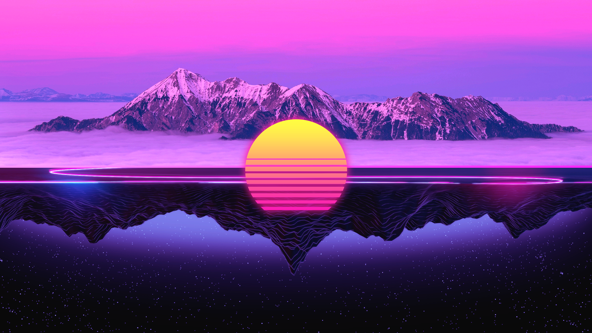 Retrowave mountain landscape with neon sun HD Wallpaper