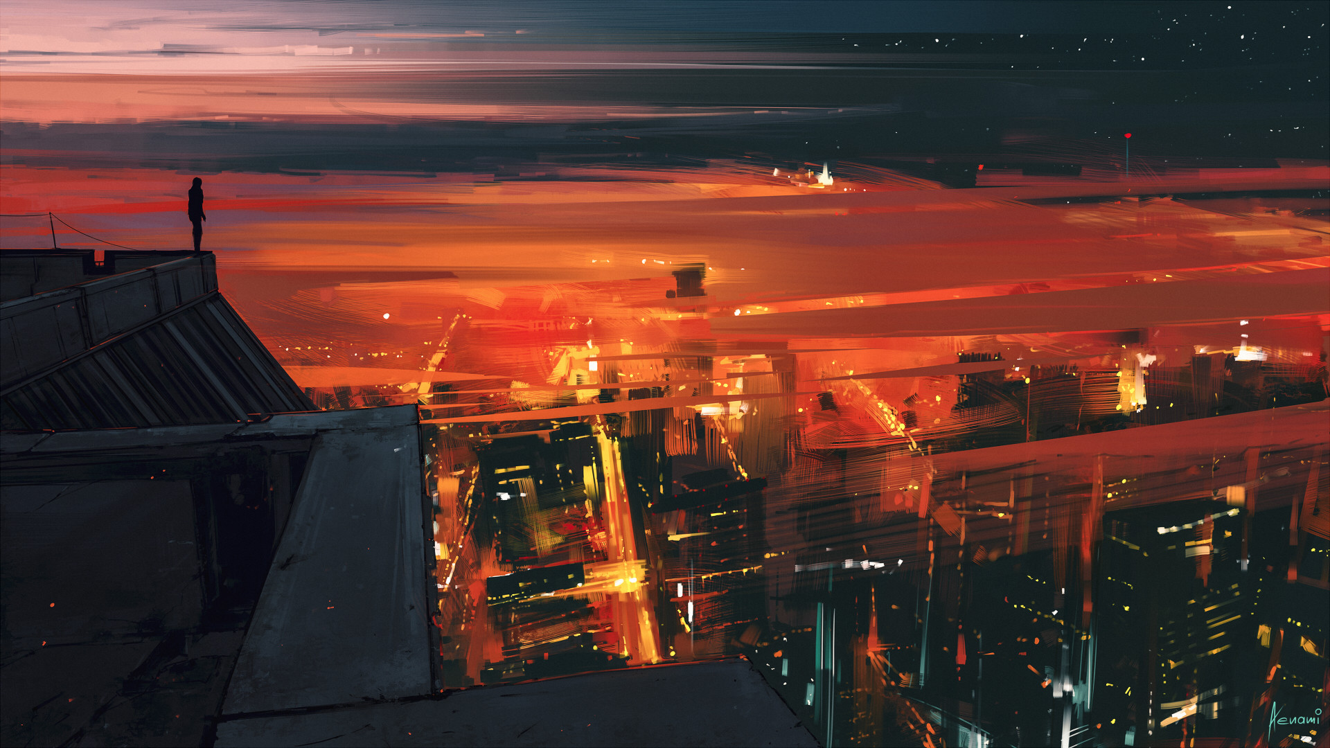 Cityscape at sunset with a lone figure on a rooftop HD Wallpaper
