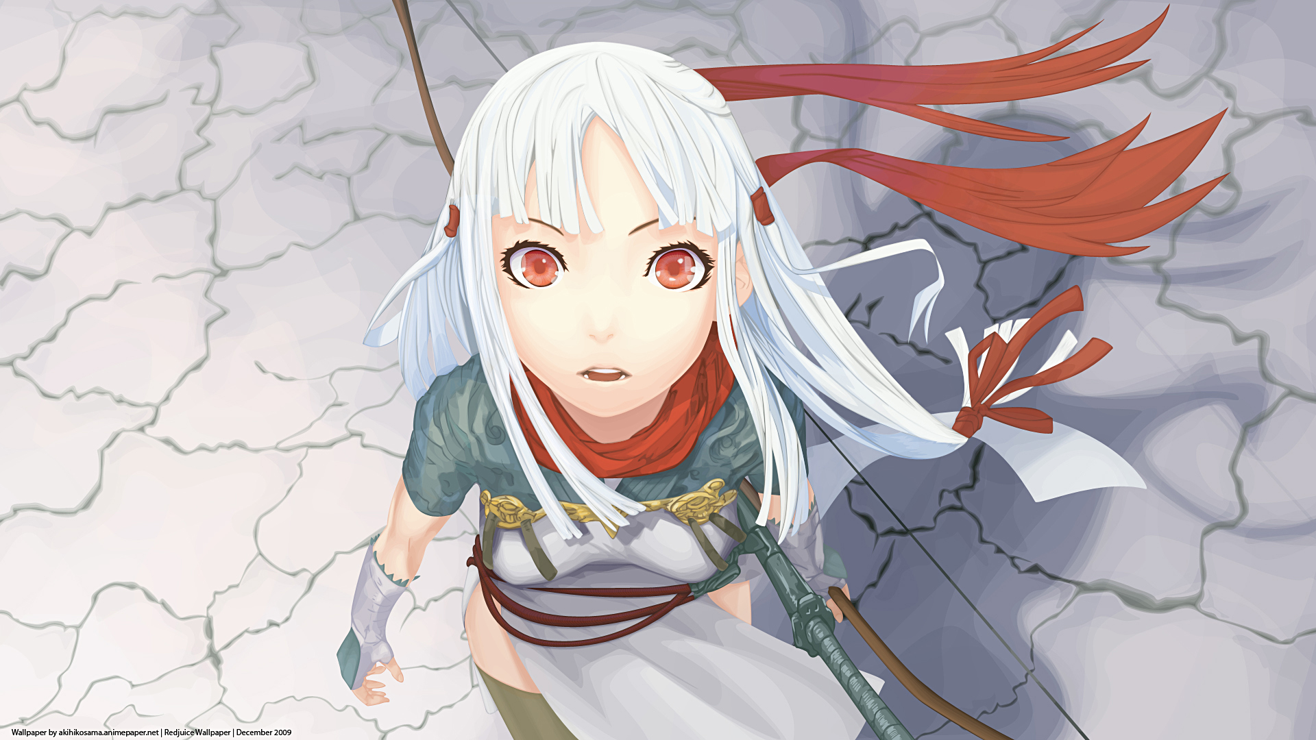 Anime girl with white hair and red eyes holding a bow HD Wallpaper