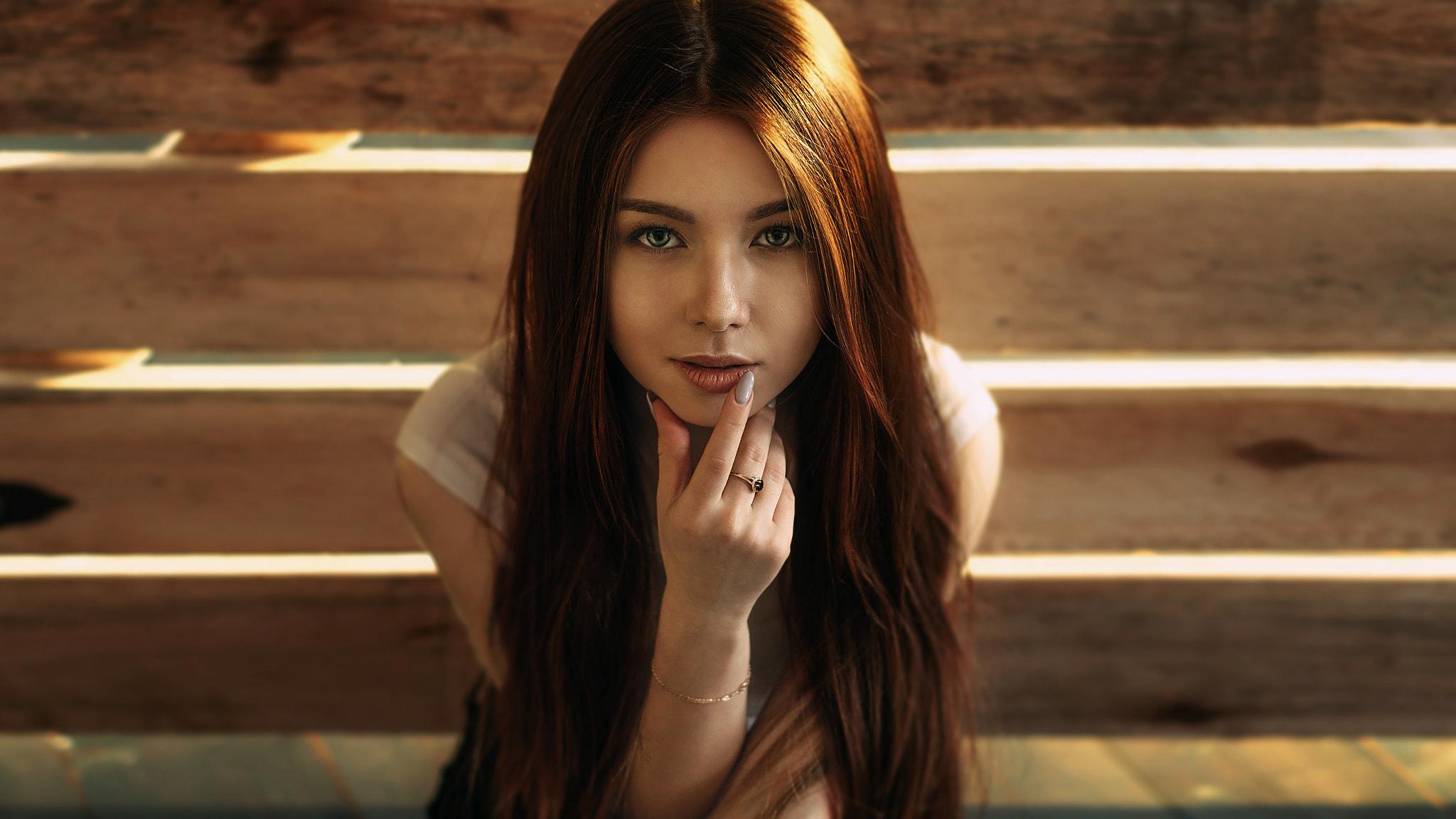 Portrait of a young woman with long brown hair HD Wallpaper