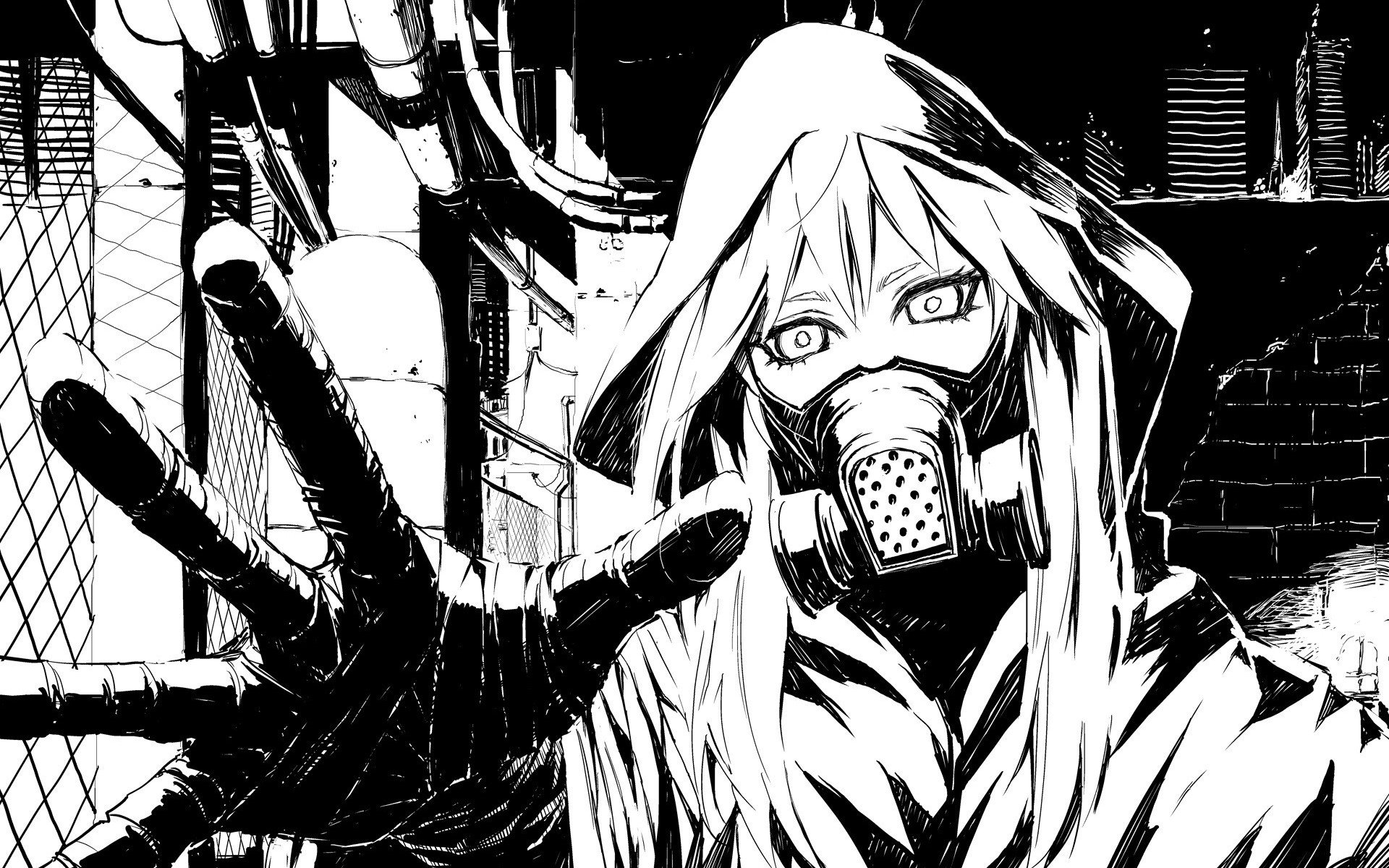 Girl with gas mask in urban setting HD Wallpaper