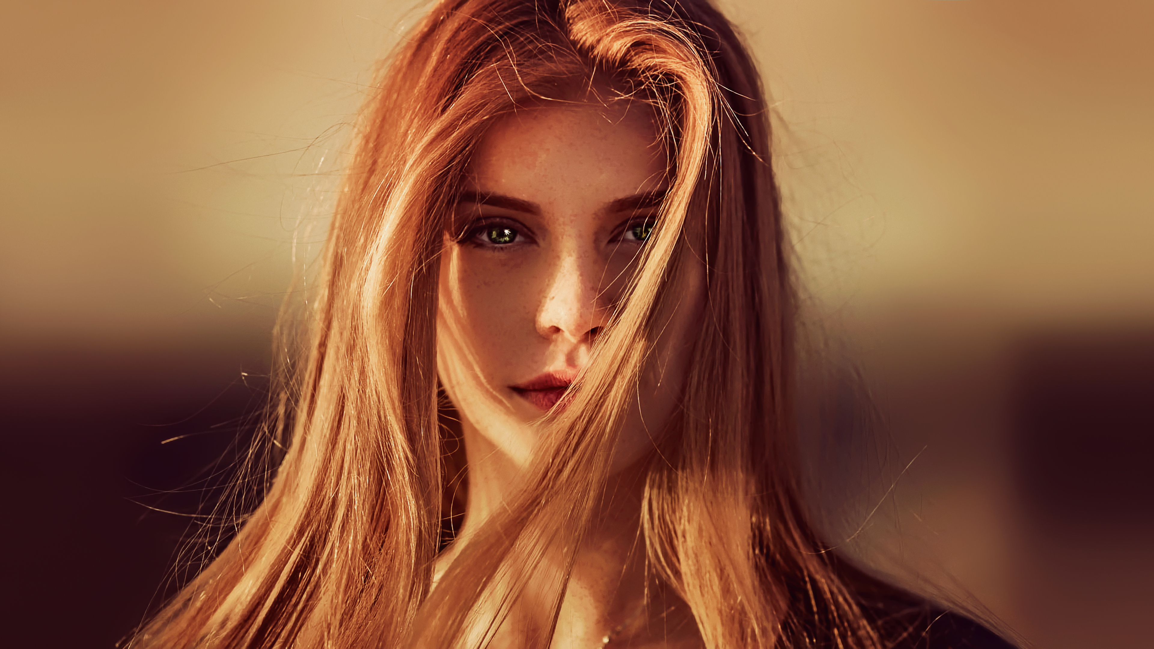 Portrait of a young woman with red hair and freckles HD Wallpaper