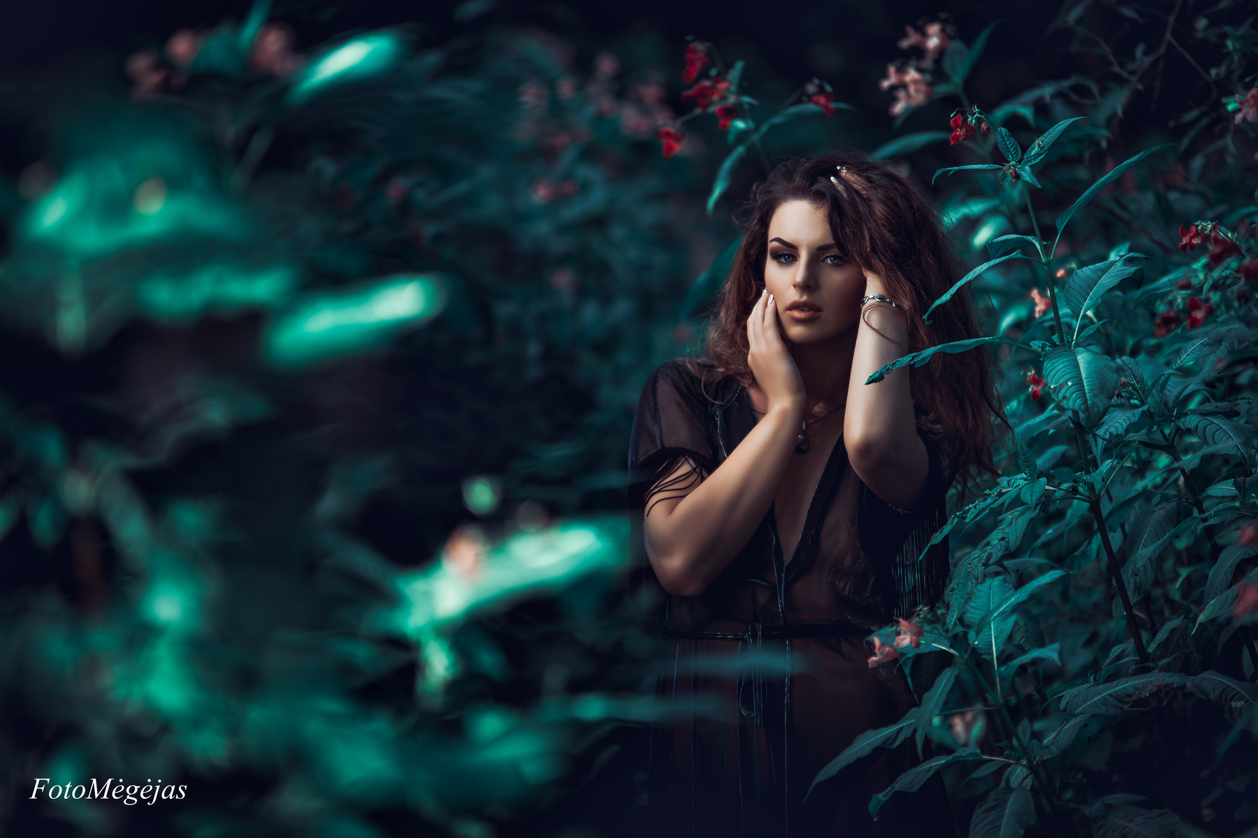 Woman in a sheer dress in a dark garden HD Wallpaper