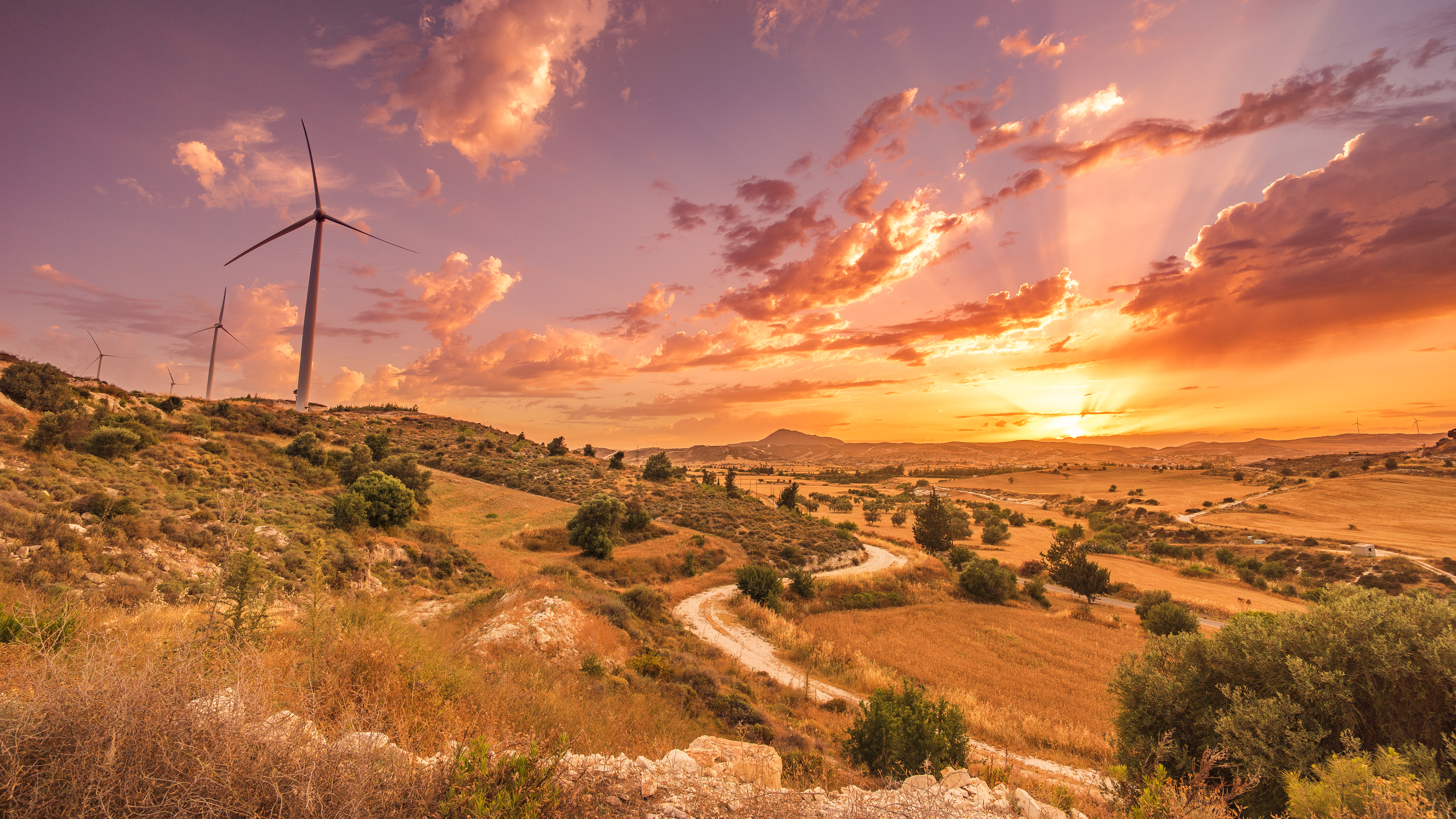 Wind turbines on a hill at sunset HD Wallpaper