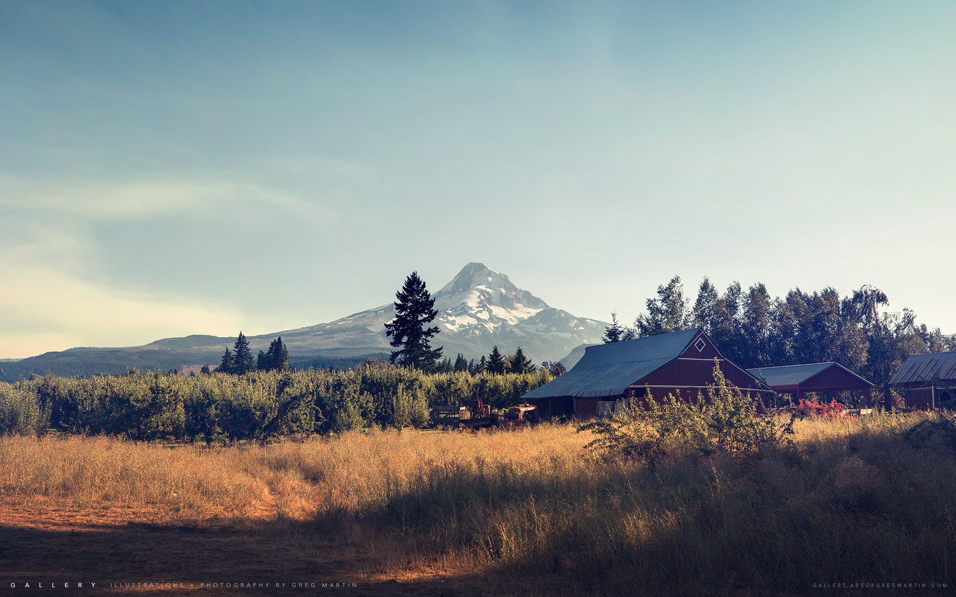 Barns and Mount Hood landscape by Greg Martin HD Wallpaper