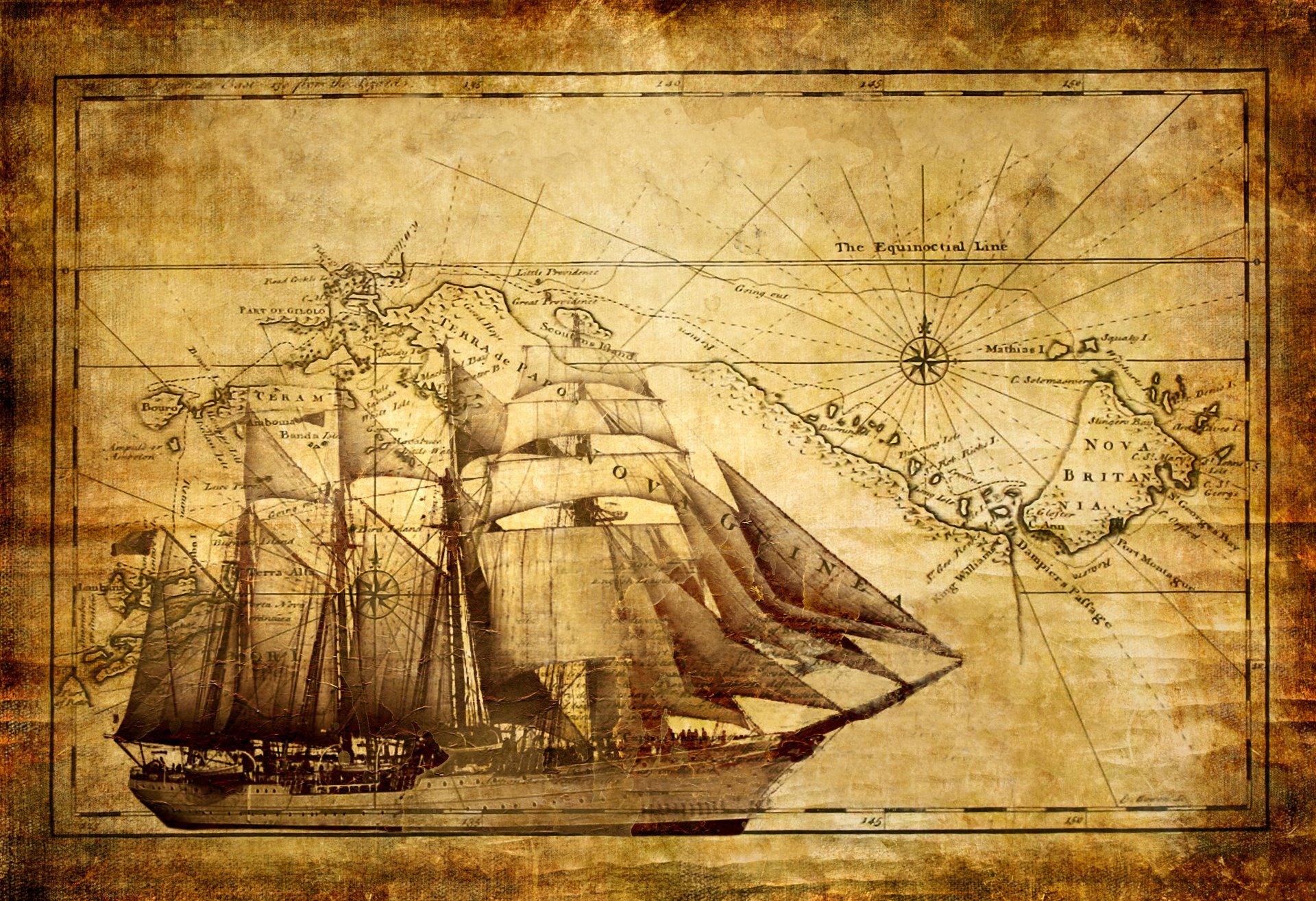 Vintage sailing ship on an old nautical map HD Wallpaper