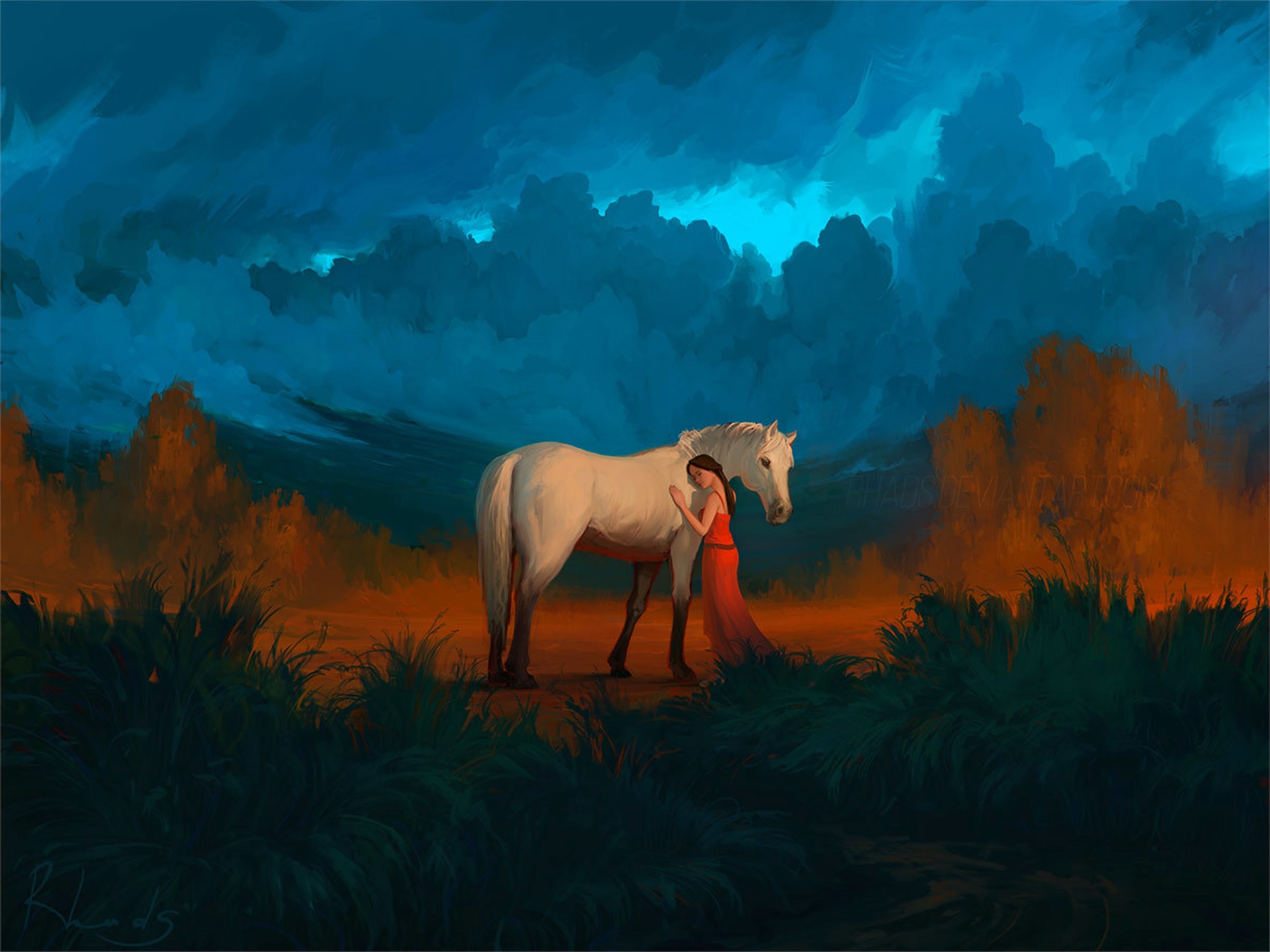 Girl in red dress hugging a white horse HD Wallpaper