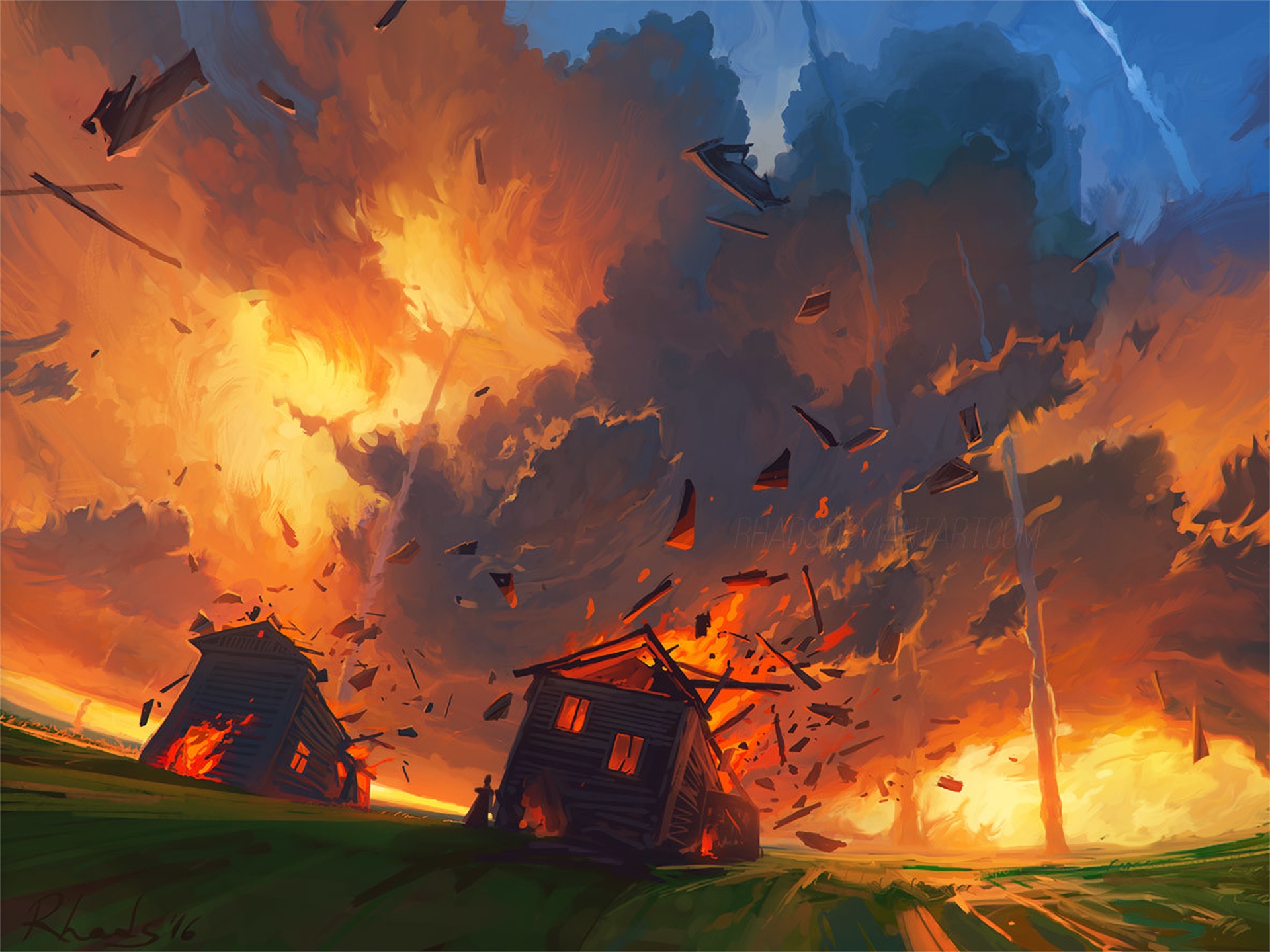 Tornado destroying houses and debris in the sky HD Wallpaper