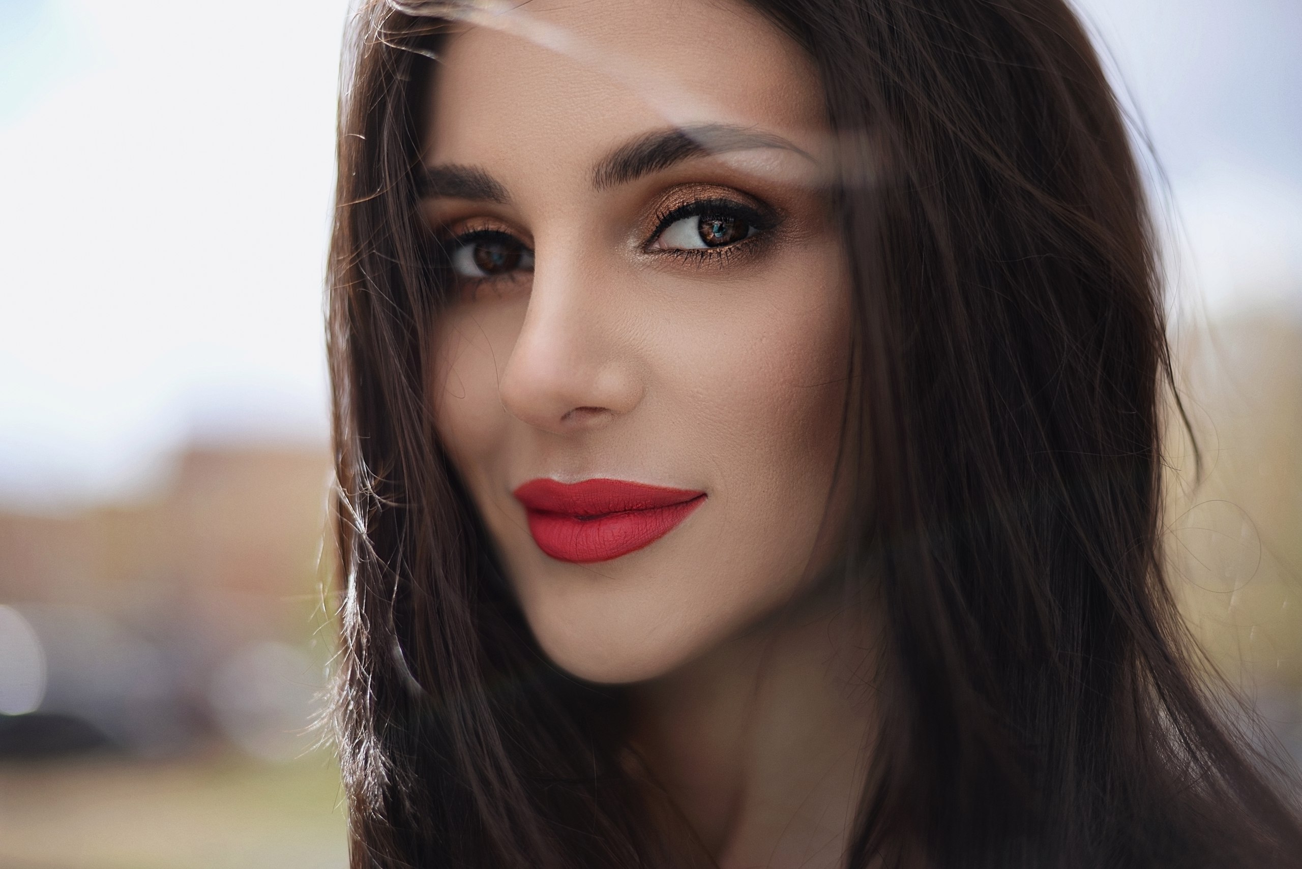 Woman with red lipstick and dark hair HD Wallpaper