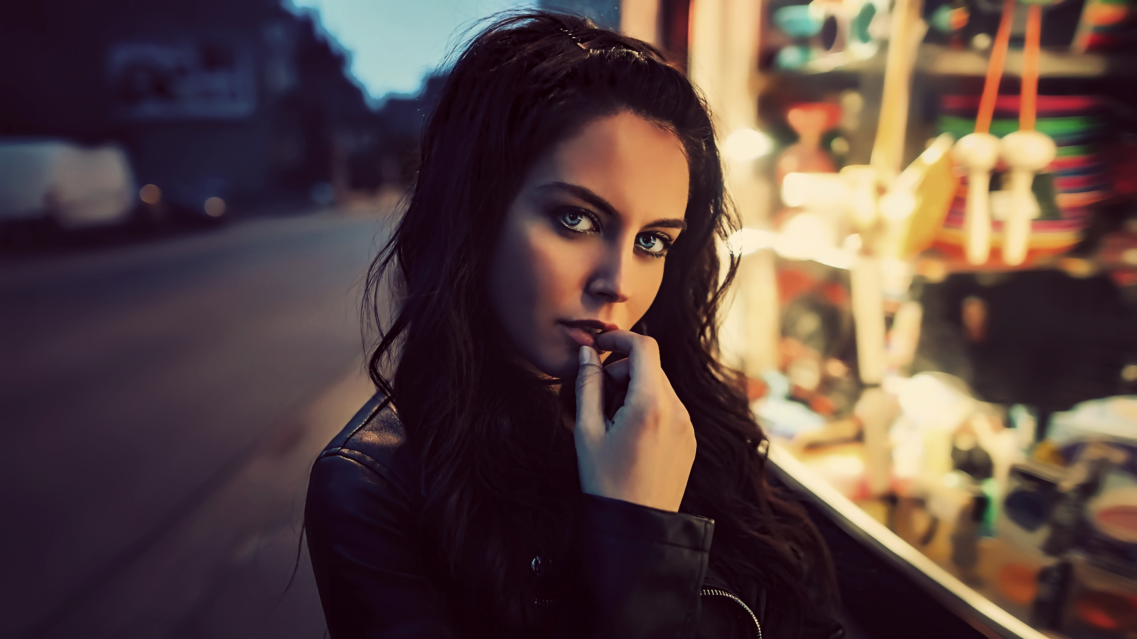 blue eyes, Aurela Skandaj, portrait, women outdoors, women, leather jackets, model, long hair HD Wallpaper
