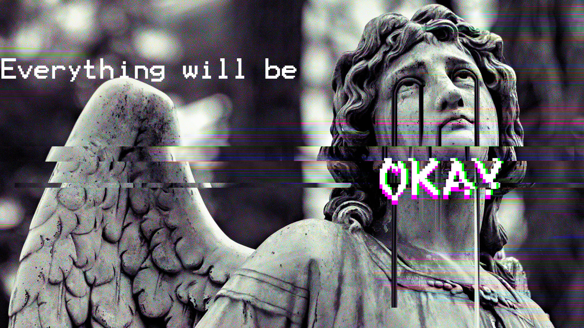 Glitch art statue with text HD Wallpaper