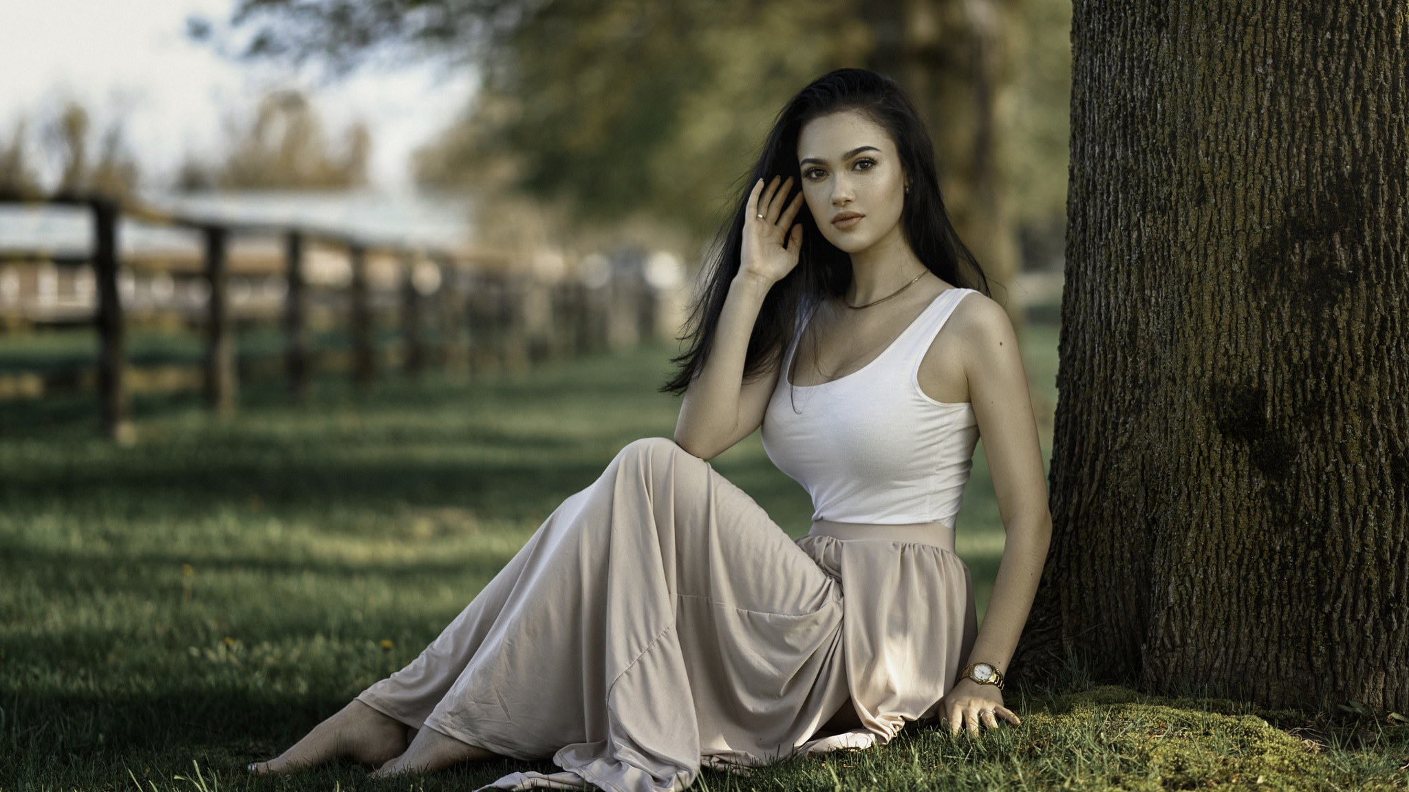 Woman sitting in grass near a tree HD Wallpaper