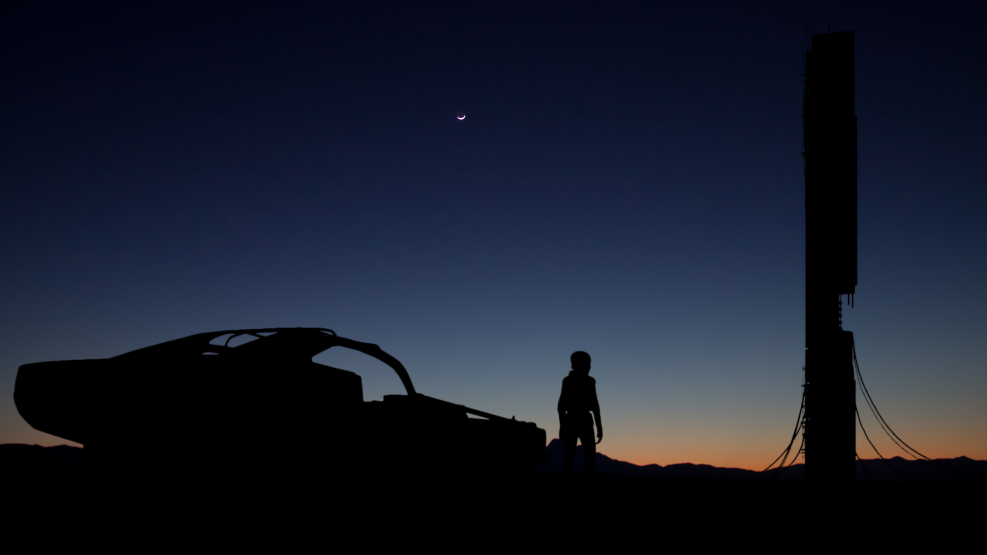 Silhouette of a person and a crashed vehicle near the Citadel HD Wallpaper
