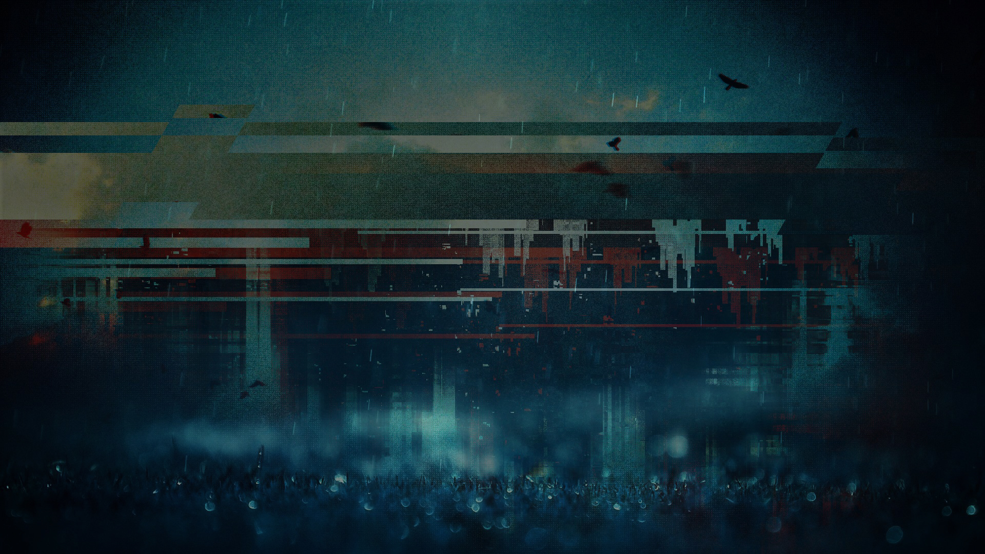 Abstract glitch art with rain and birds HD Wallpaper