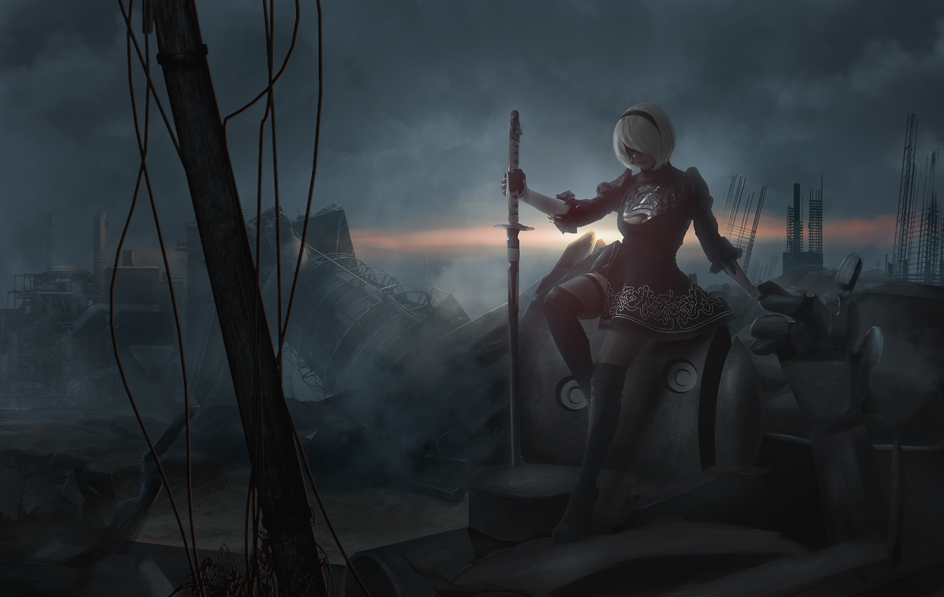 2B from NieR: Automata holding a sword in a ruined city HD Wallpaper