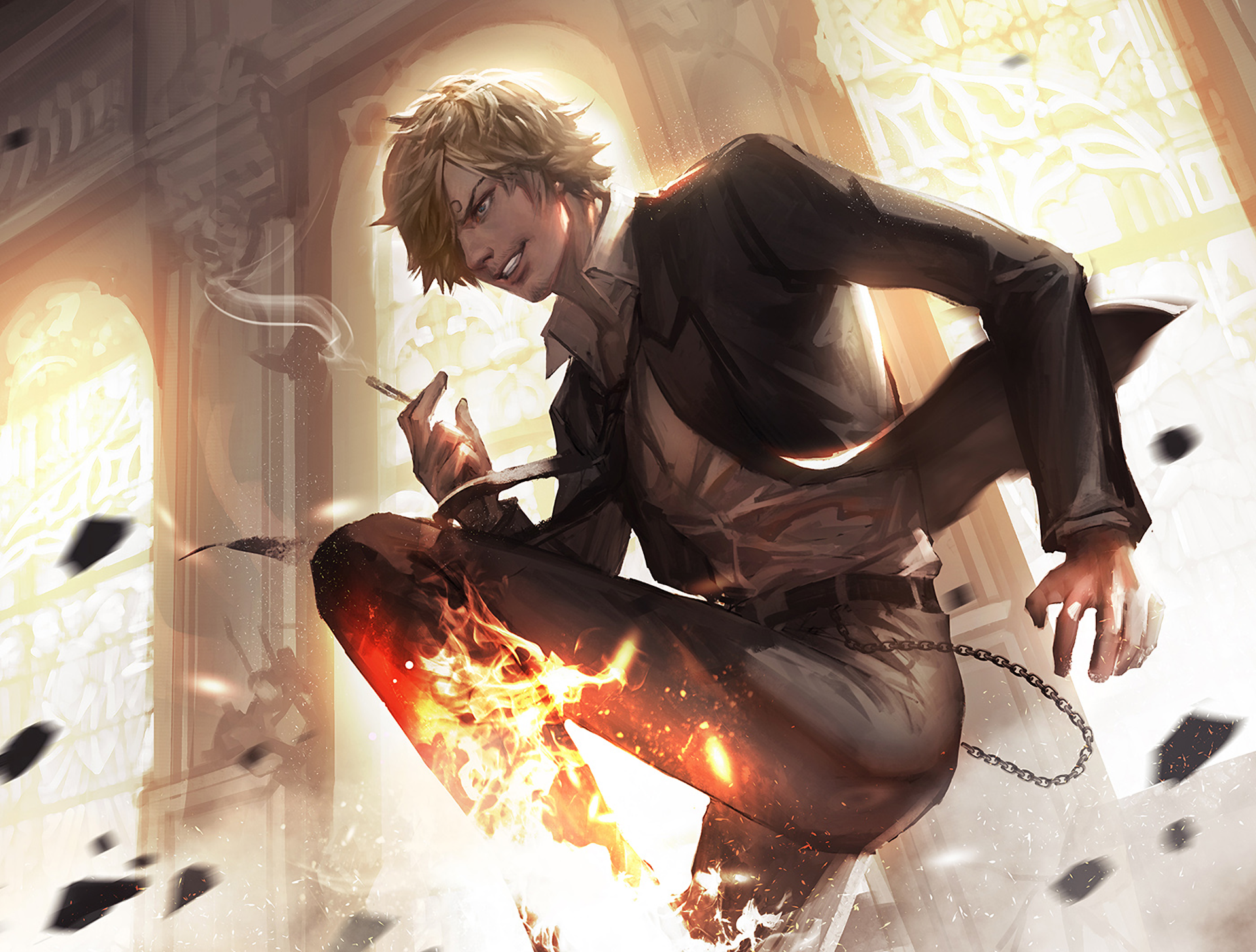 Sanji from One Piece with fire and smoke HD Wallpaper