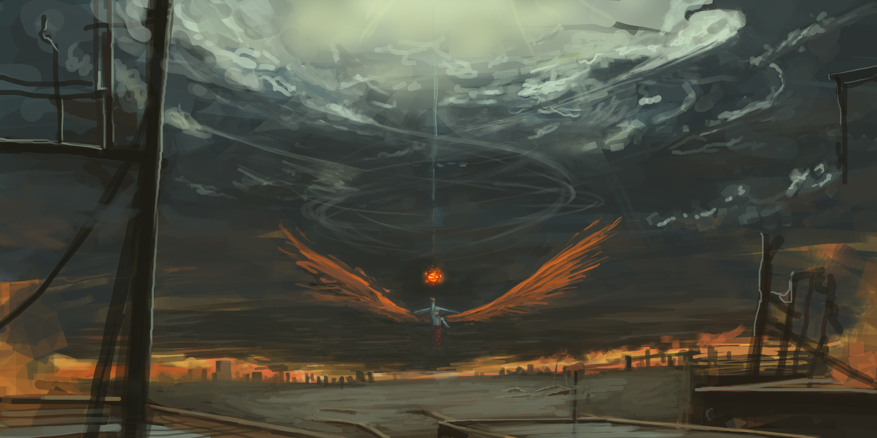 Fujiwara no Mokou from Touhou with fiery wings HD Wallpaper