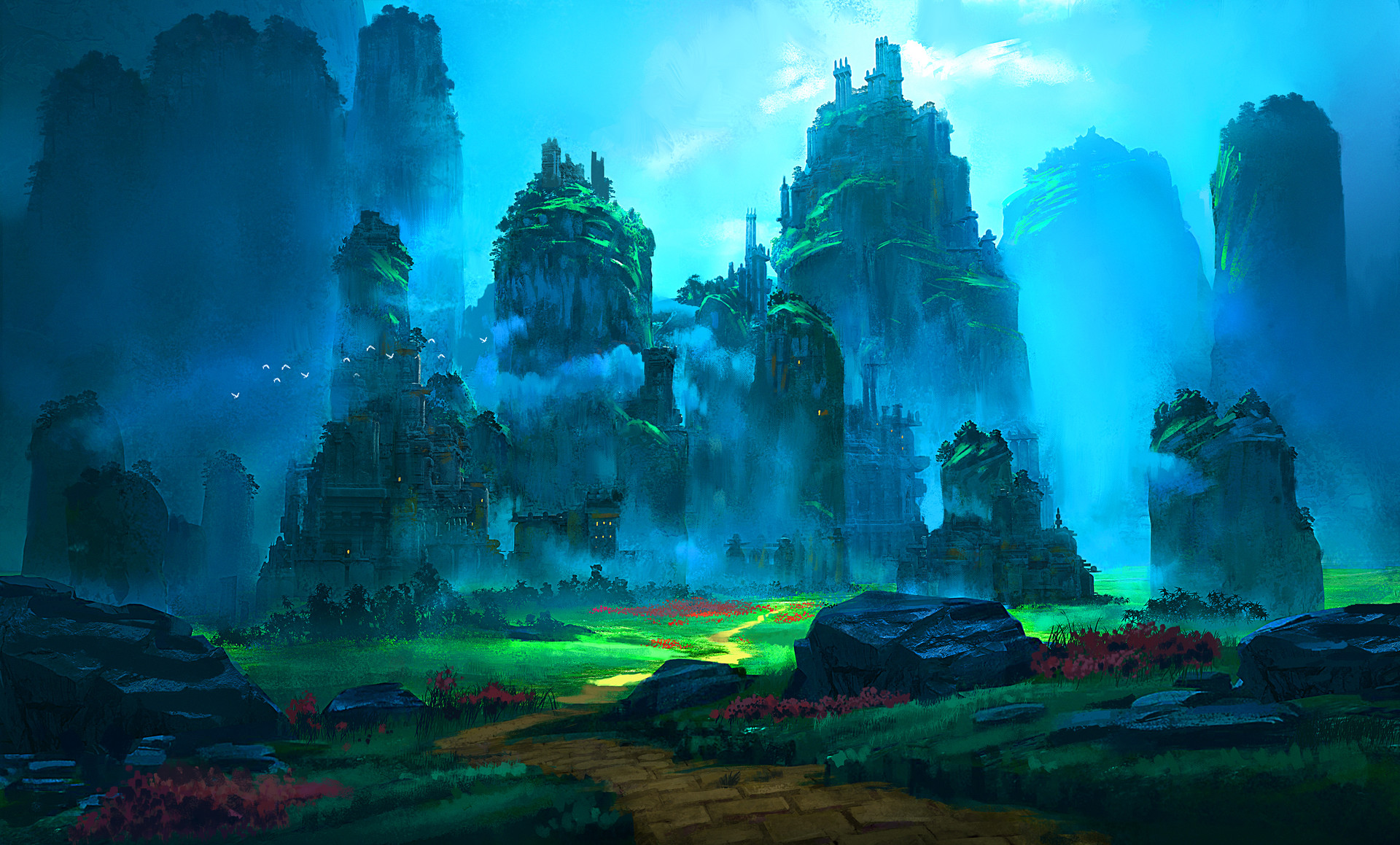 Fantasy mountain landscape with ancient structures HD Wallpaper