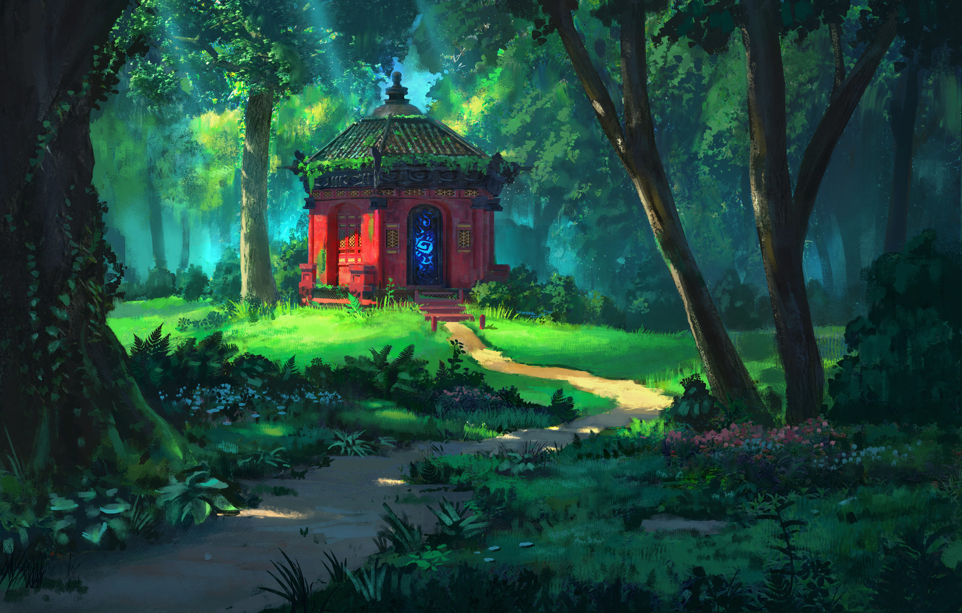 Red shrine in a sunlit forest HD Wallpaper