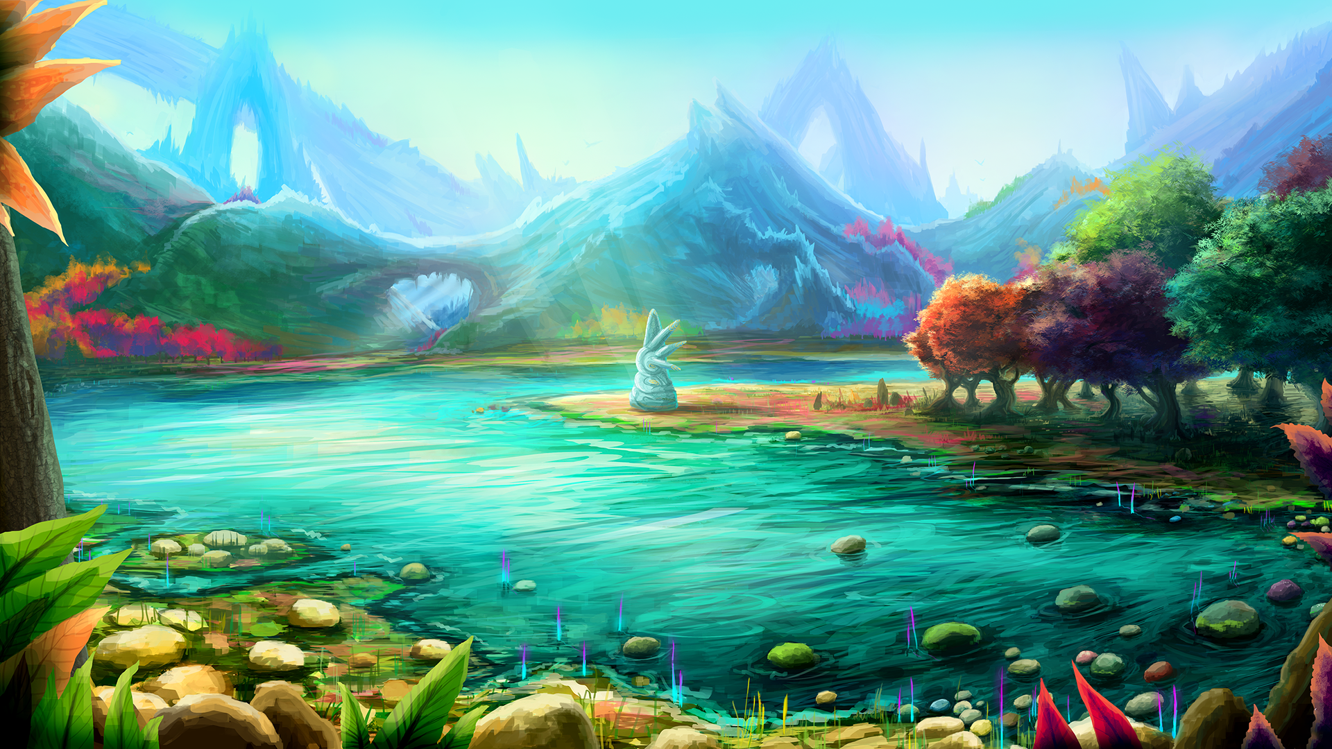 Colorful fantasy landscape with mountains and a lake HD Wallpaper
