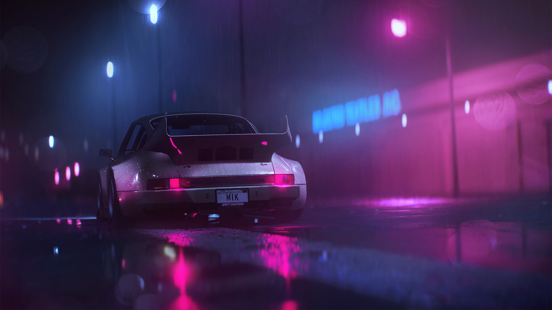 Porsche 911 Turbo in Neon City at Night HD Wallpaper