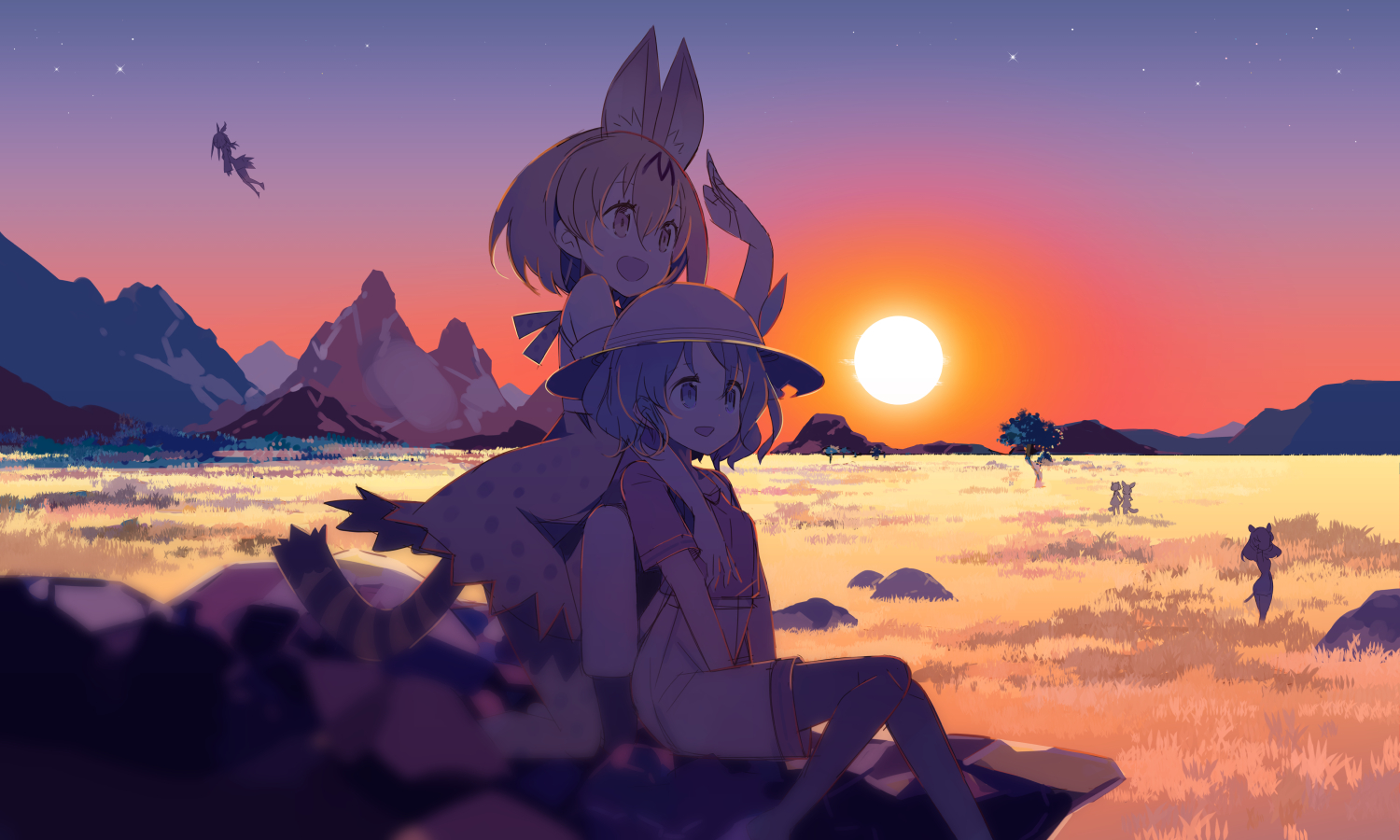 Two anime girls in a savanna at sunset HD Wallpaper
