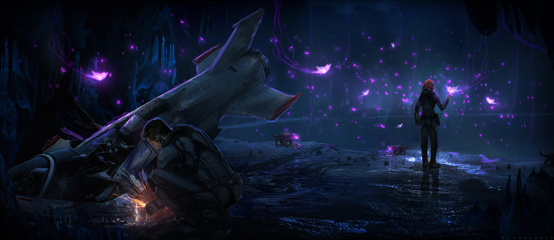 Valerian and Laureline in a cave with purple butterflies HD Wallpaper