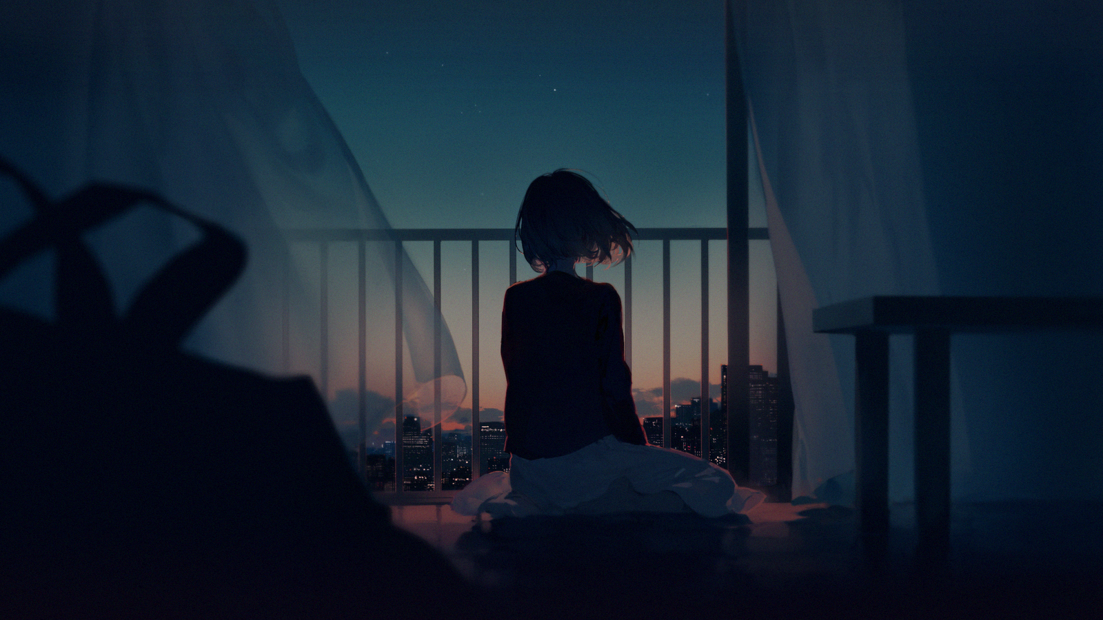 Girl on balcony overlooking cityscape at night HD Wallpaper