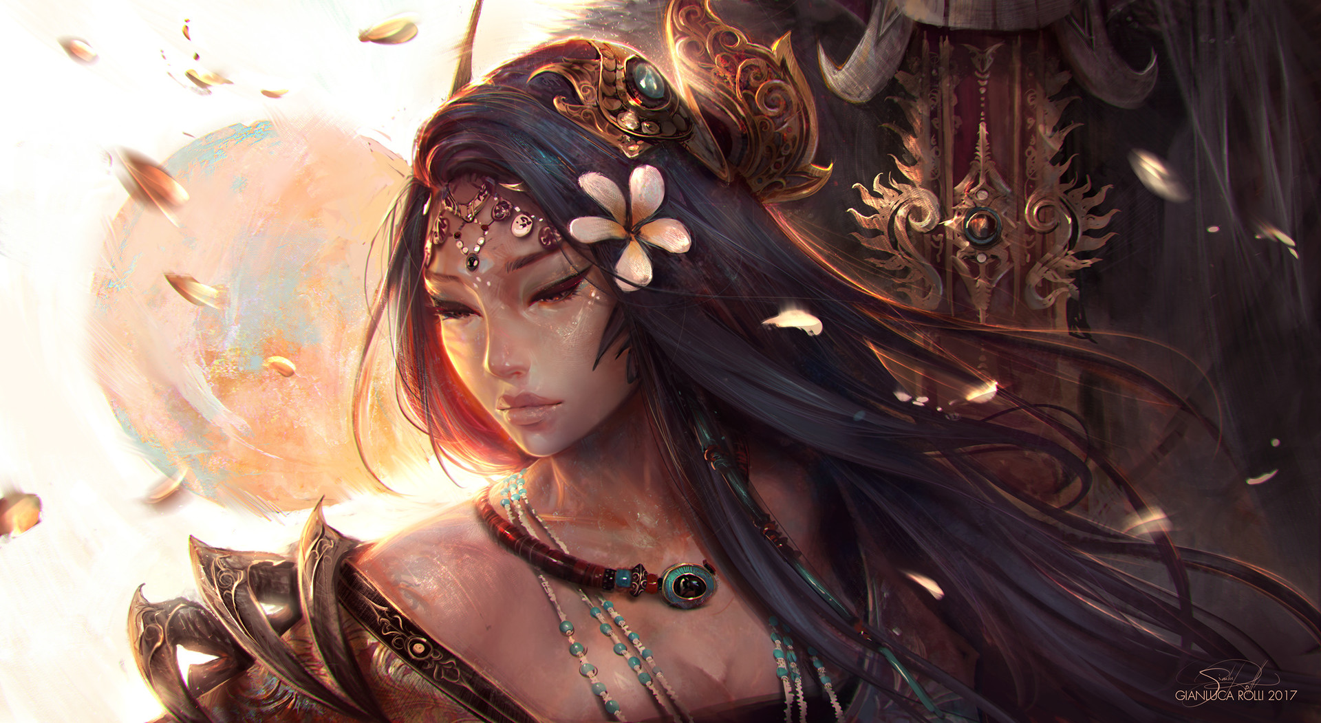 Fantasy warrior woman with ornate armor and jewelry HD Wallpaper