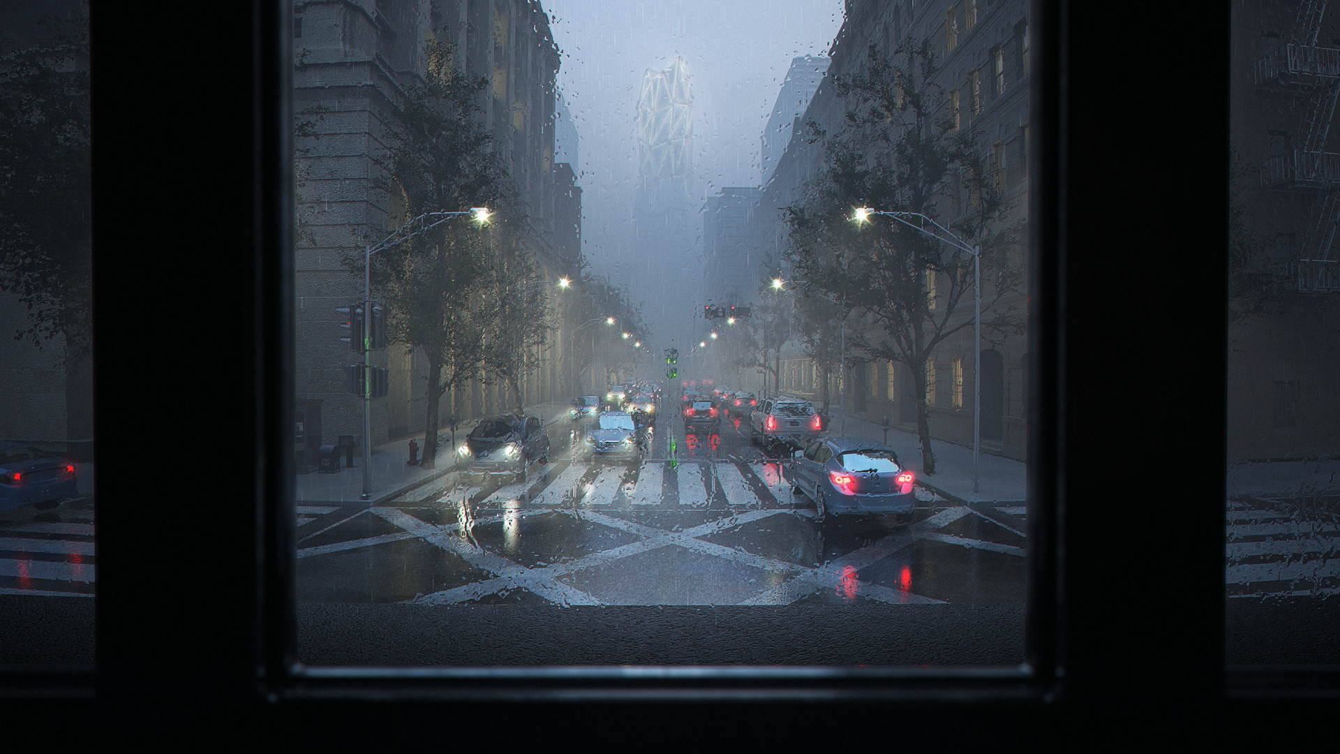 Rainy city street with traffic and tall buildings HD Wallpaper